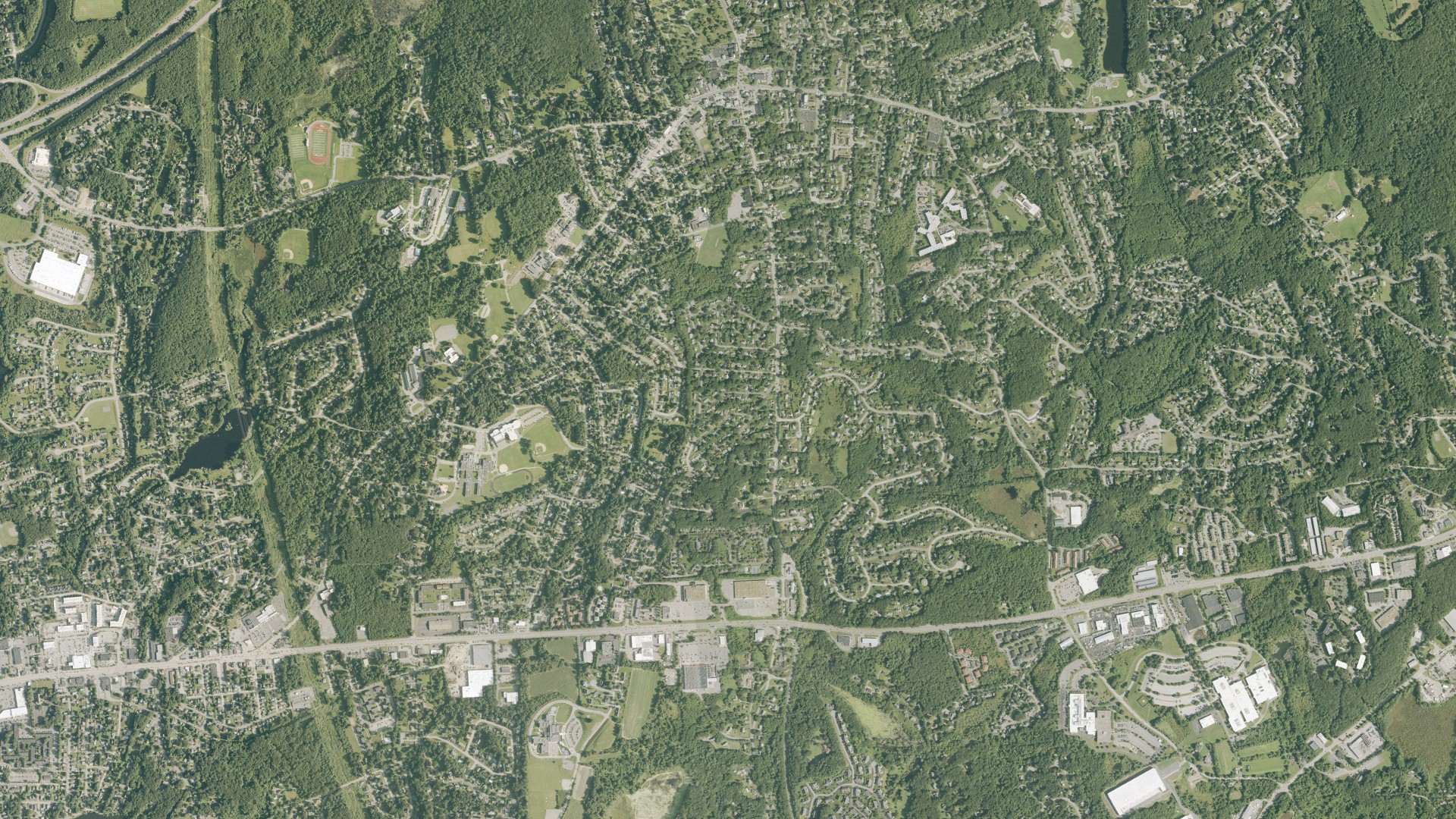 Natural-color aerial photograph of land around Shrewsbury, Massachusetts