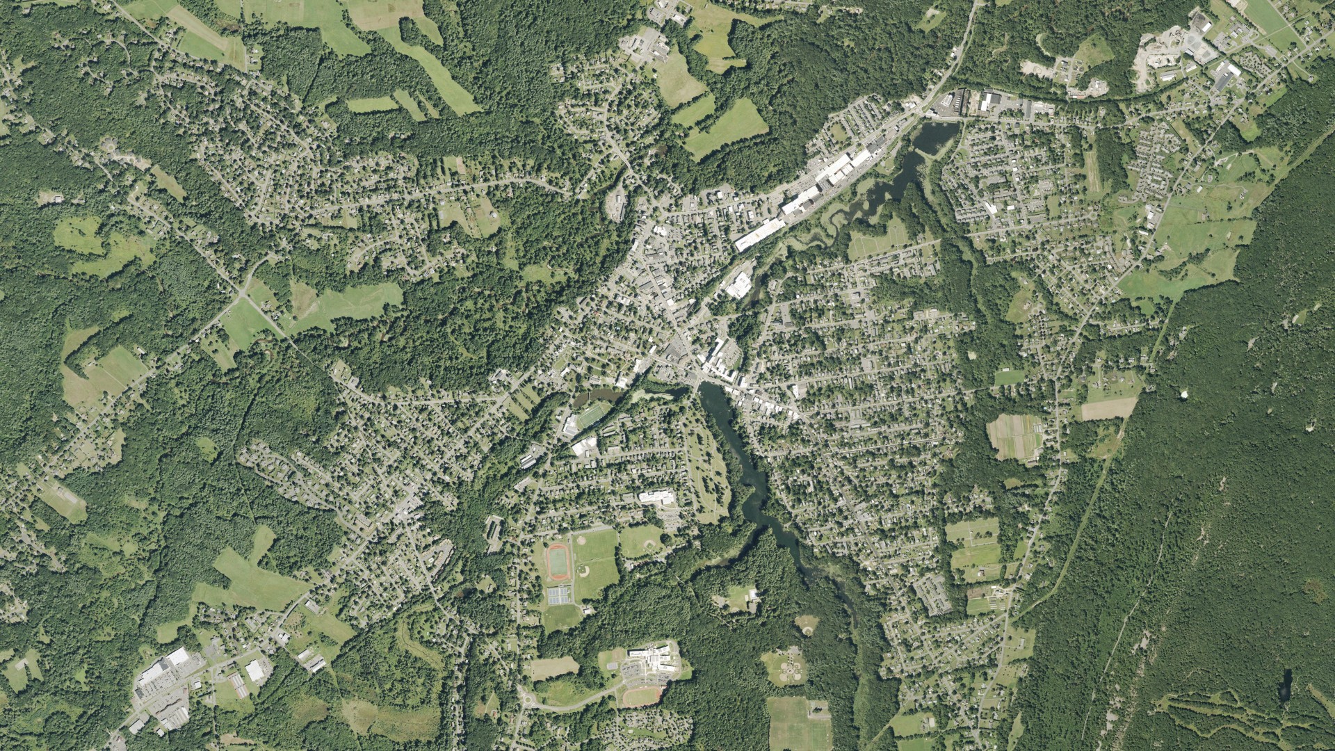 Natural-color aerial photograph of land around Easthampton, Massachusetts