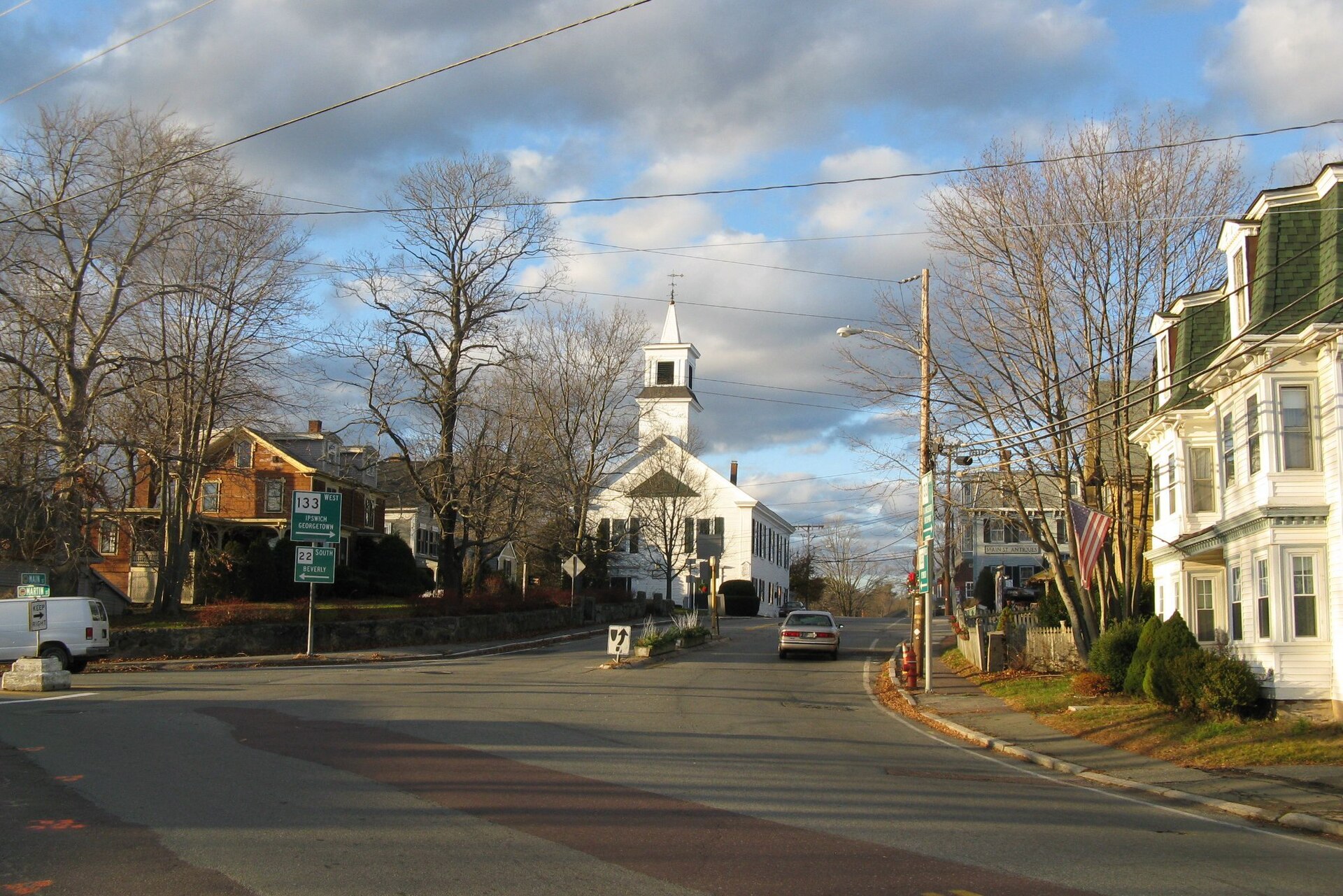 Looking north on Main Street, Essex Massachusetts - First Congregational Church on the left