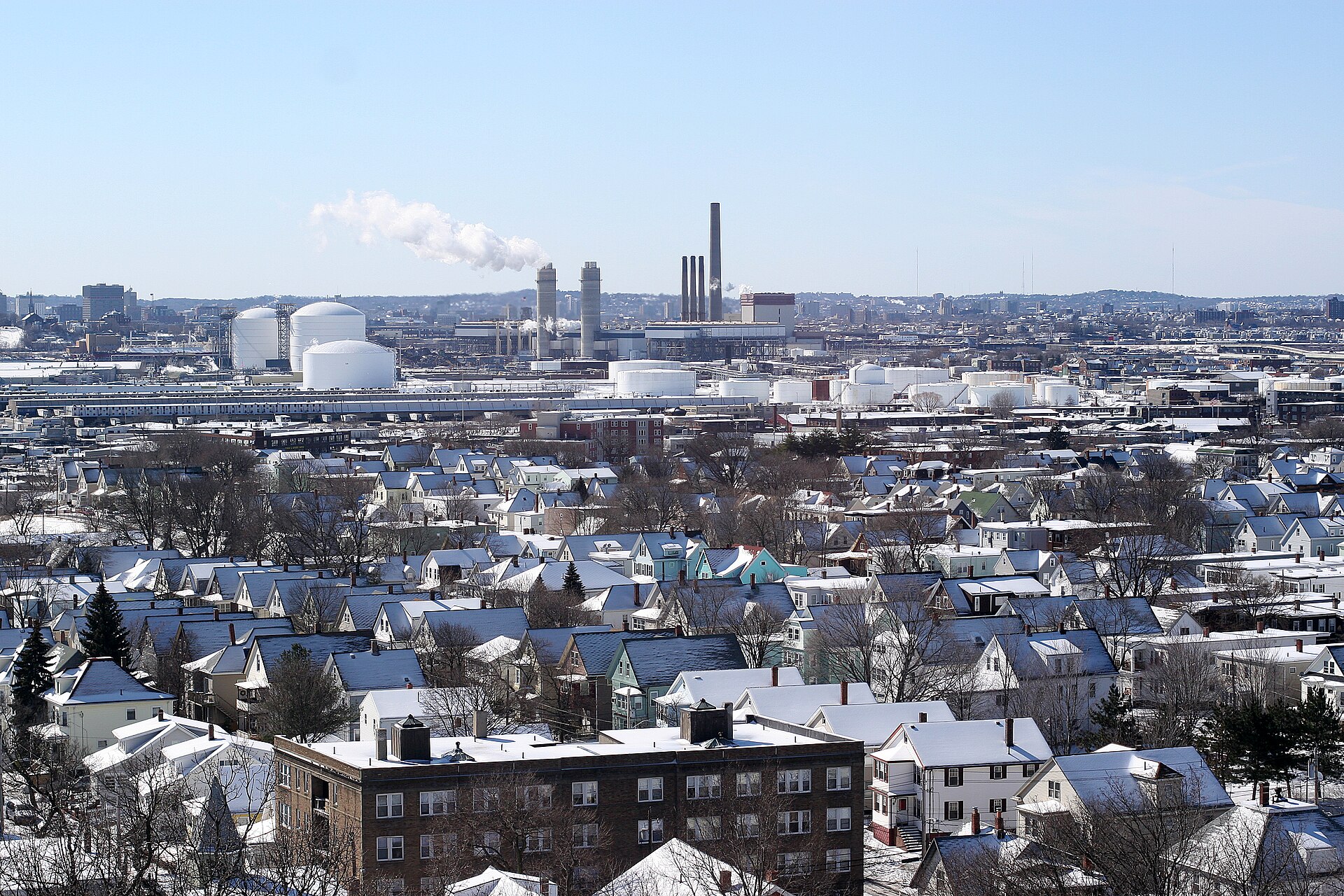 Everett, Massachusetts in winter from the Whidden Hospital. Note the densely packed houses with snow on the rooftops.