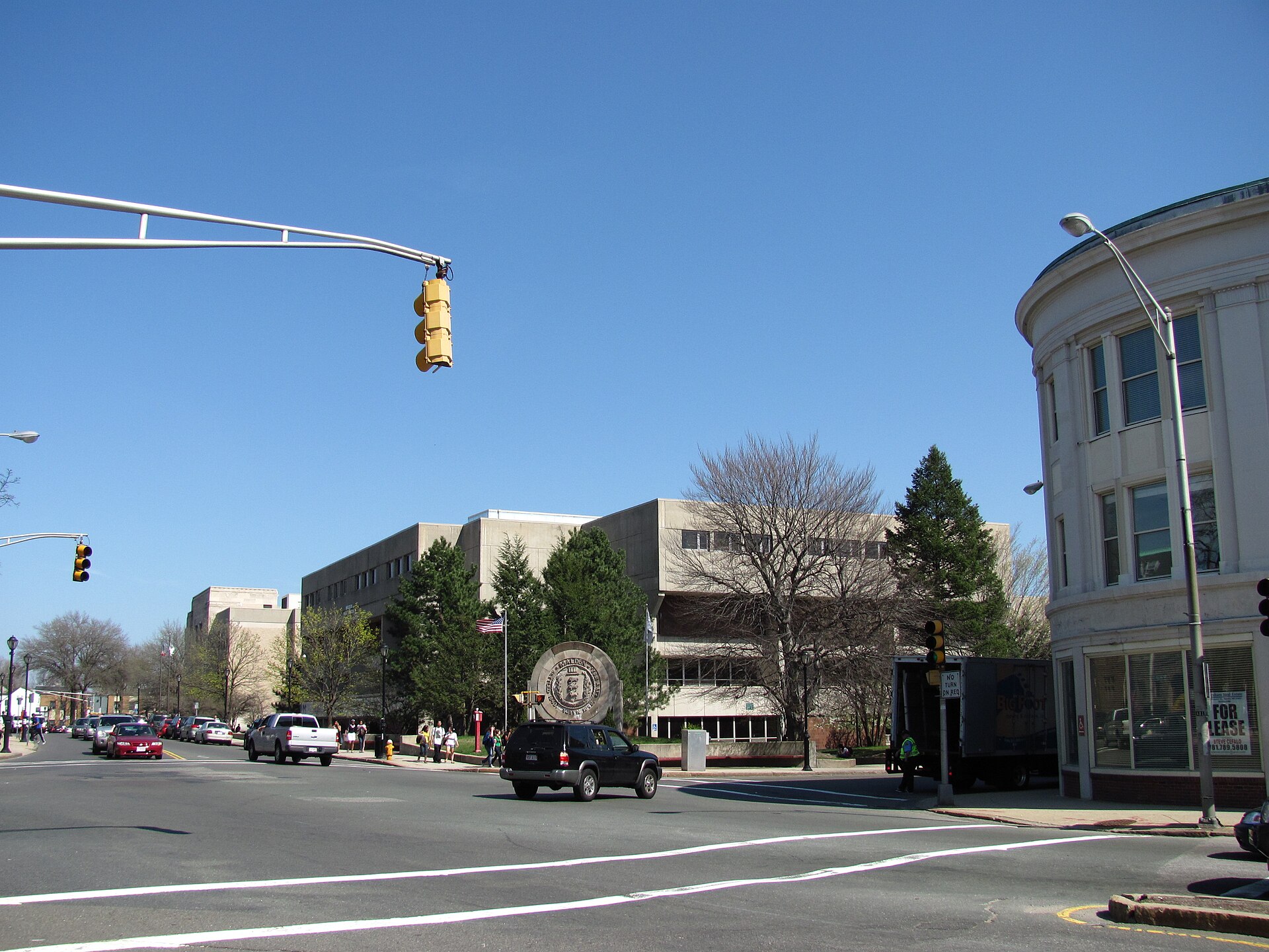 Intersection of Main, Salem, and Ferry Streets looking towards Malden High School in Malden Massachusetts