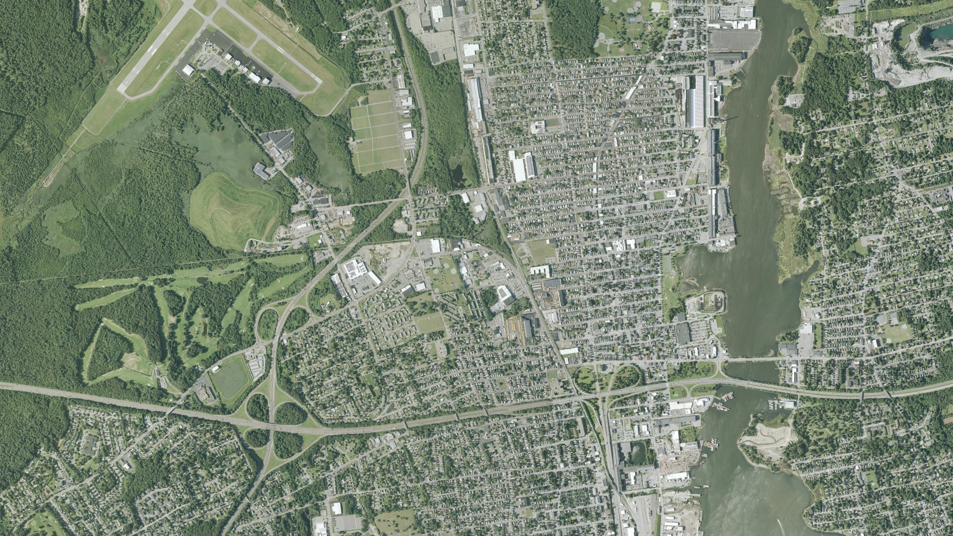 Natural-color aerial photograph of land around New Bedford, Massachusetts