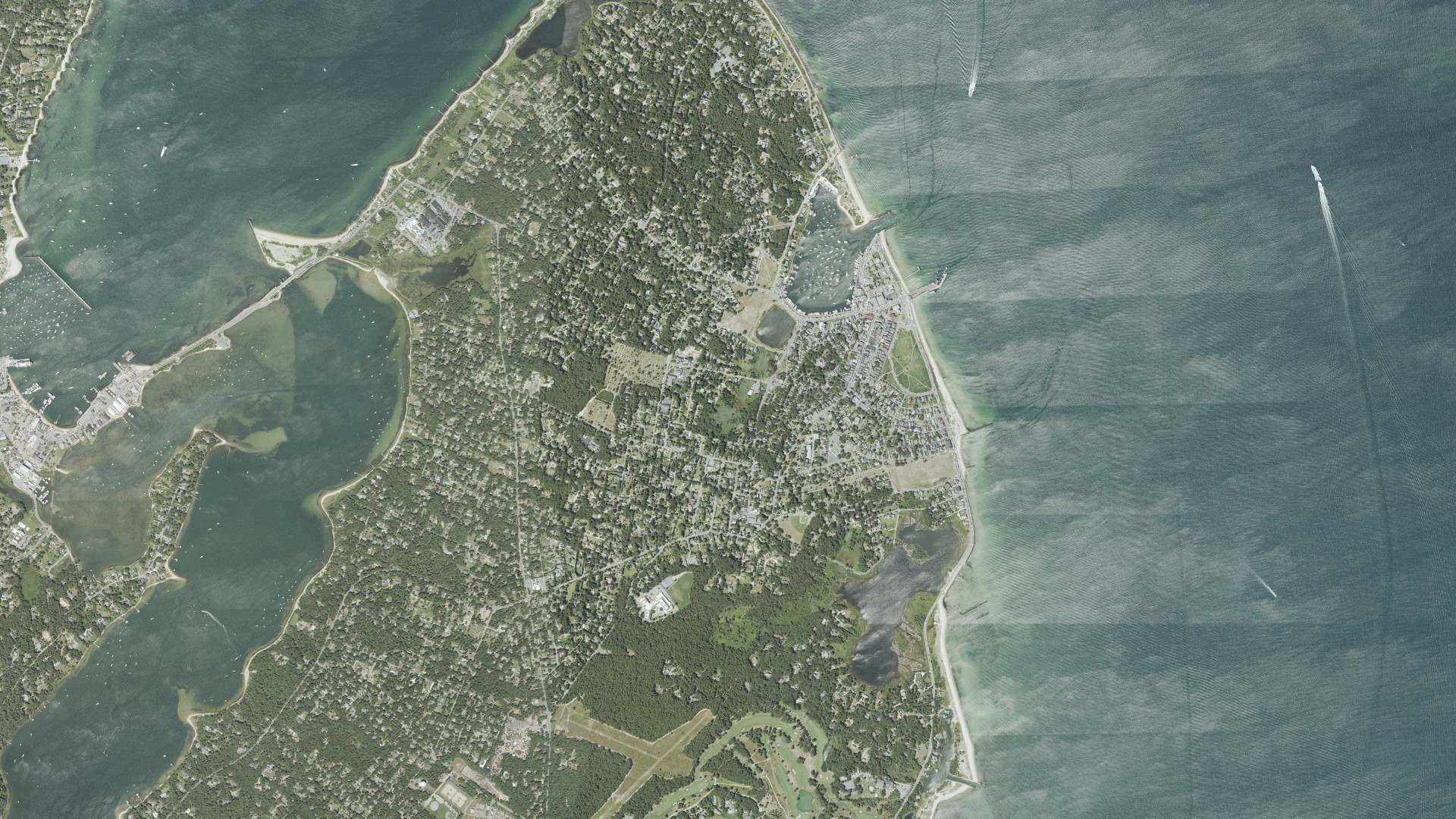 Natural-color aerial photograph of land around Oak Bluffs, Massachusetts
