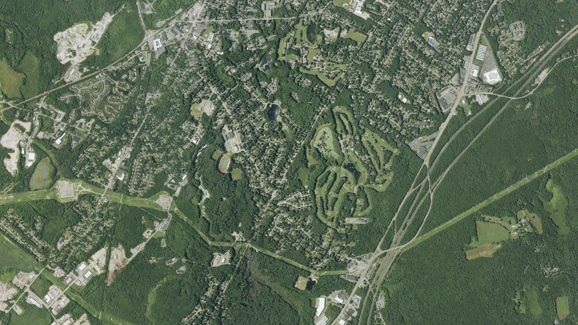 Natural-color aerial photograph of land around Walpole, Massachusetts