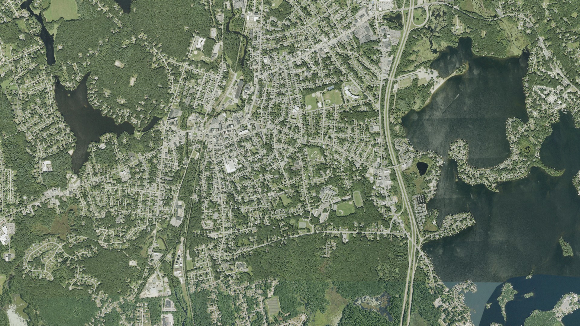 Natural-color aerial photograph of land around Webster, Massachusetts