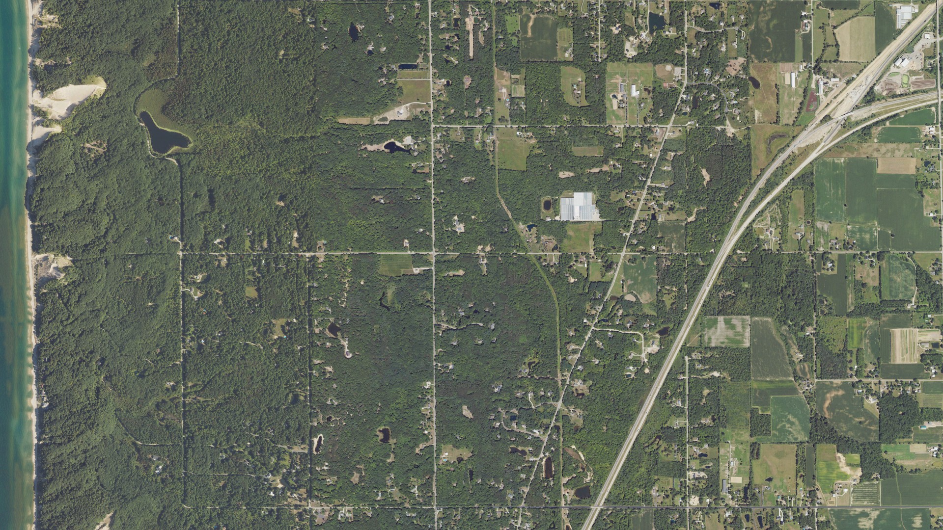 Aerial view of land around Laketown, Michigan