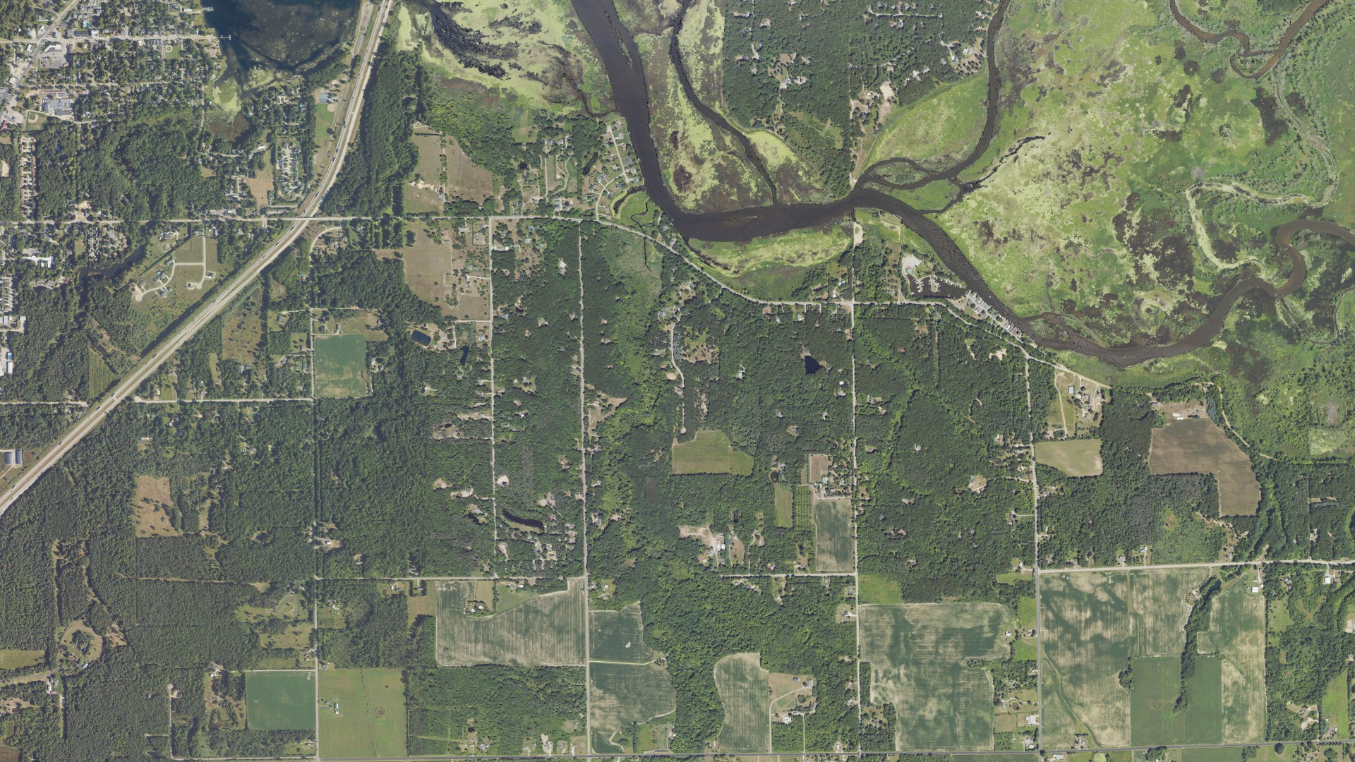Aerial view of land around Saugatuck, Michigan