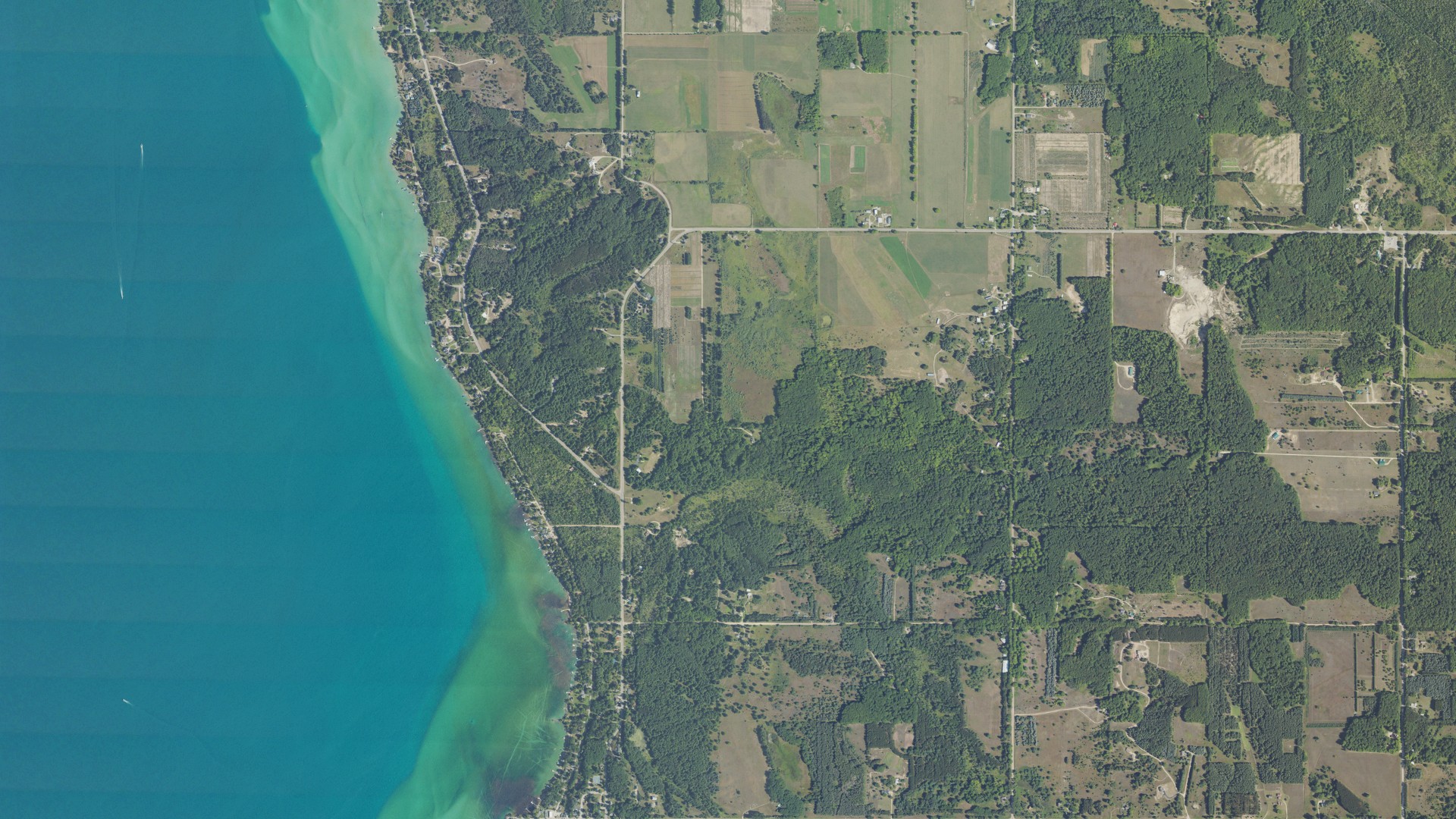 Aerial view of land around Helena, Michigan