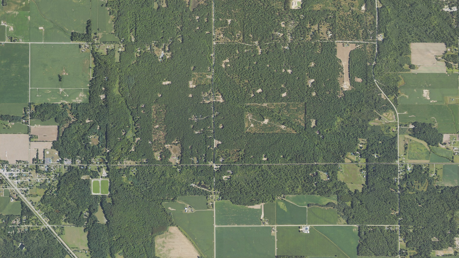 Aerial view of land around Deep River, Michigan