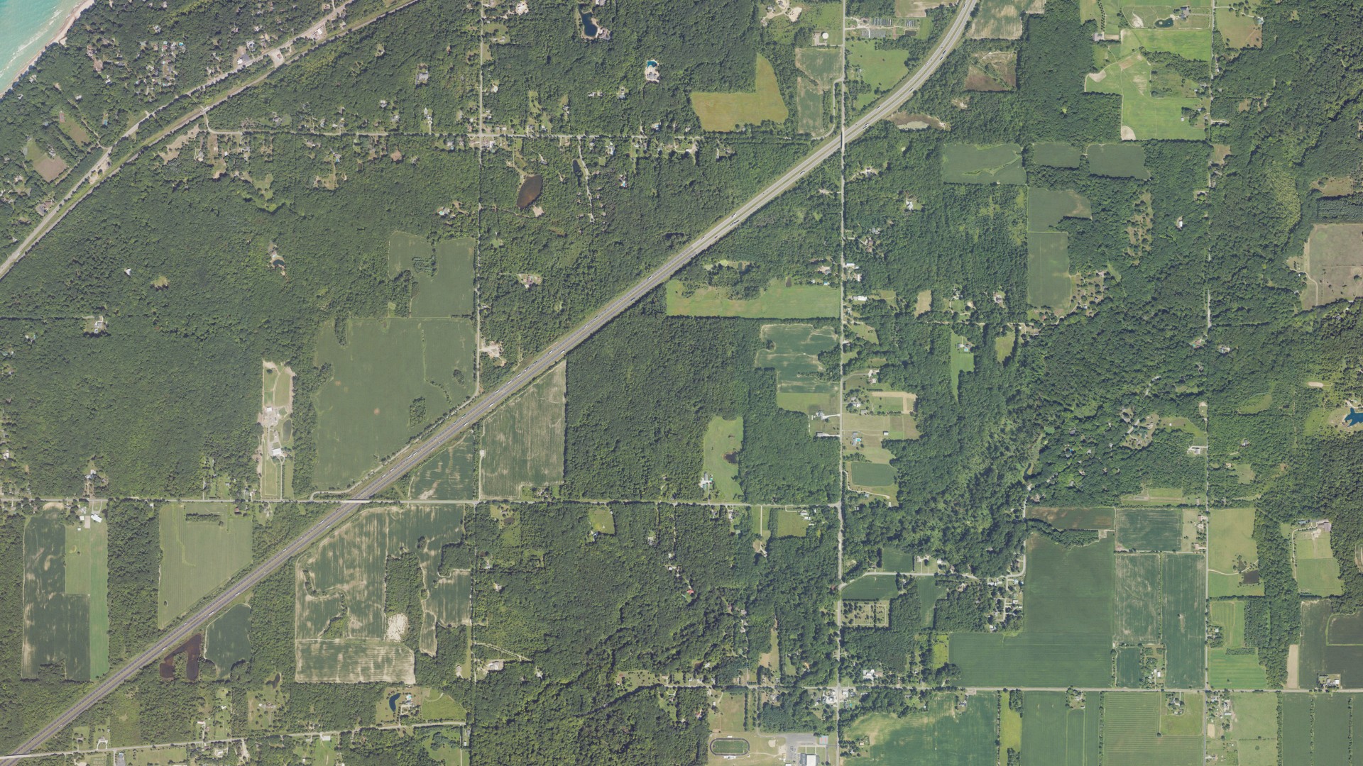 Aerial view of land around Chikaming, Michigan