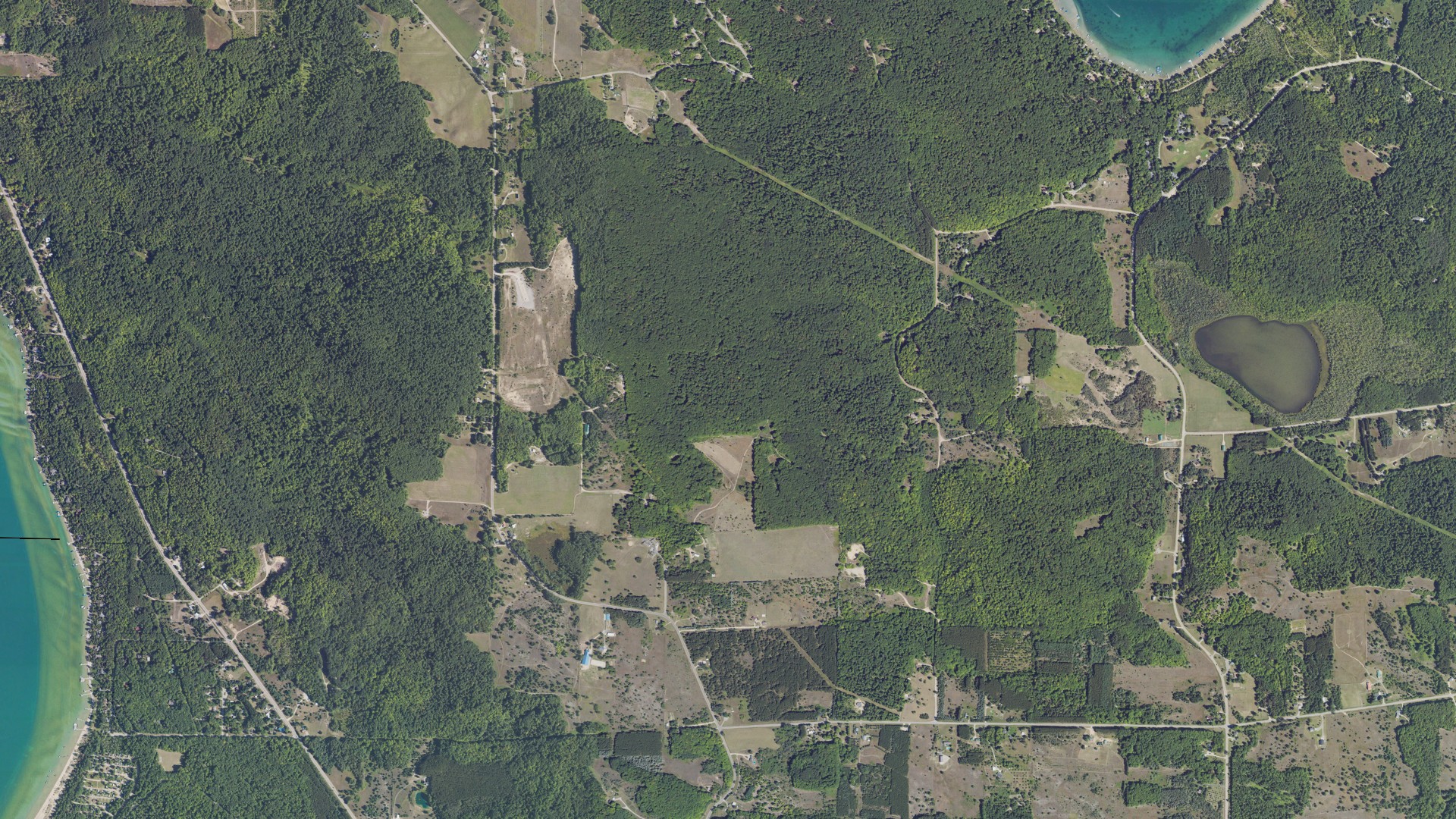 Natural-color aerial photograph of land around Evangeline, Michigan