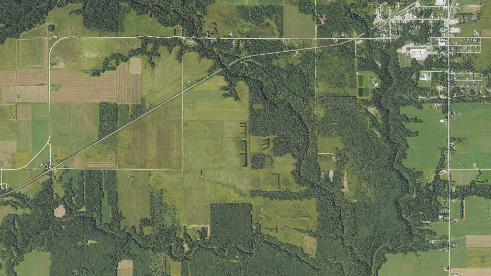 Aerial view of land around Rudyard, Michigan