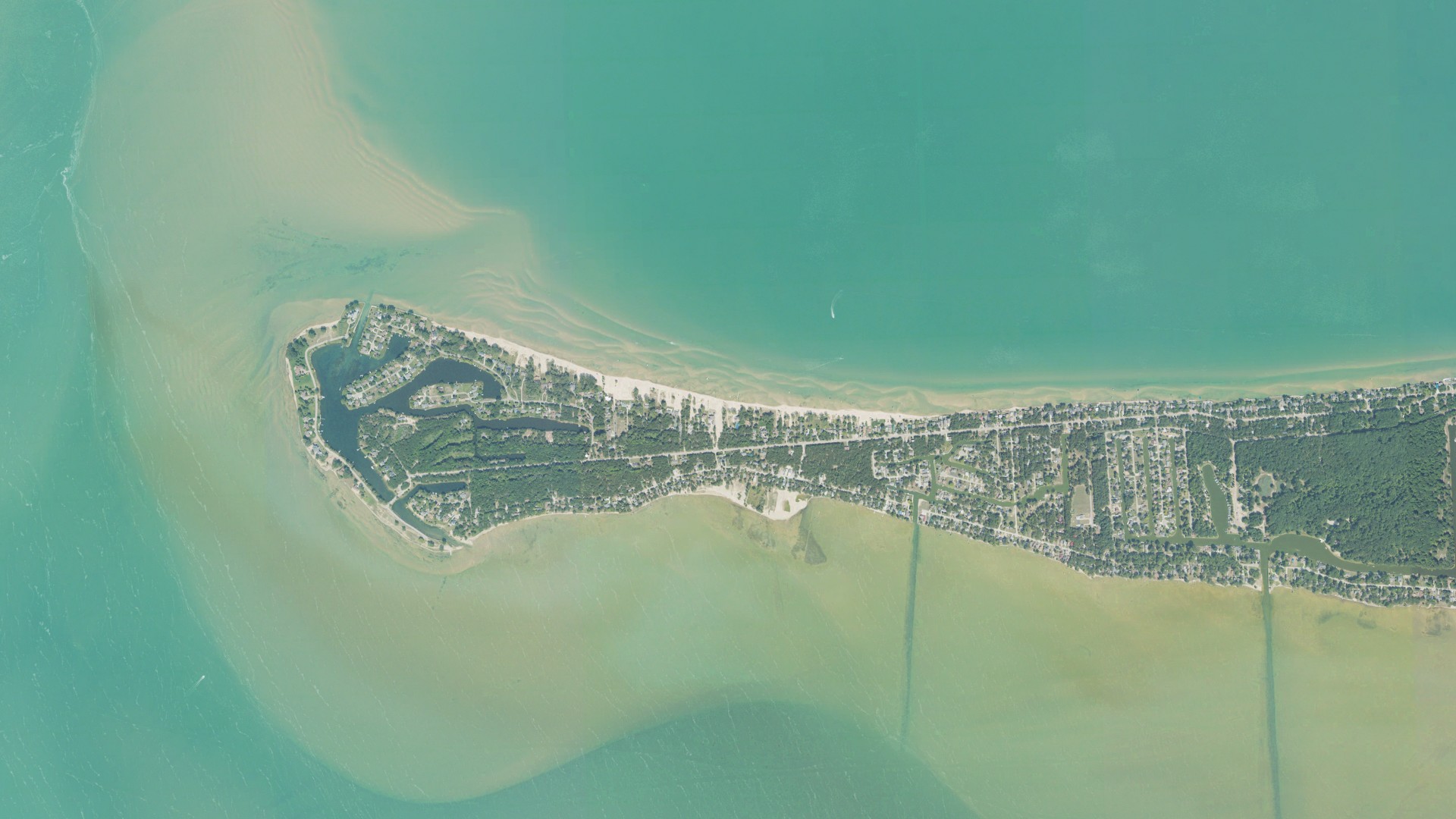 Natural-color aerial photograph of land around Caseville, Michigan