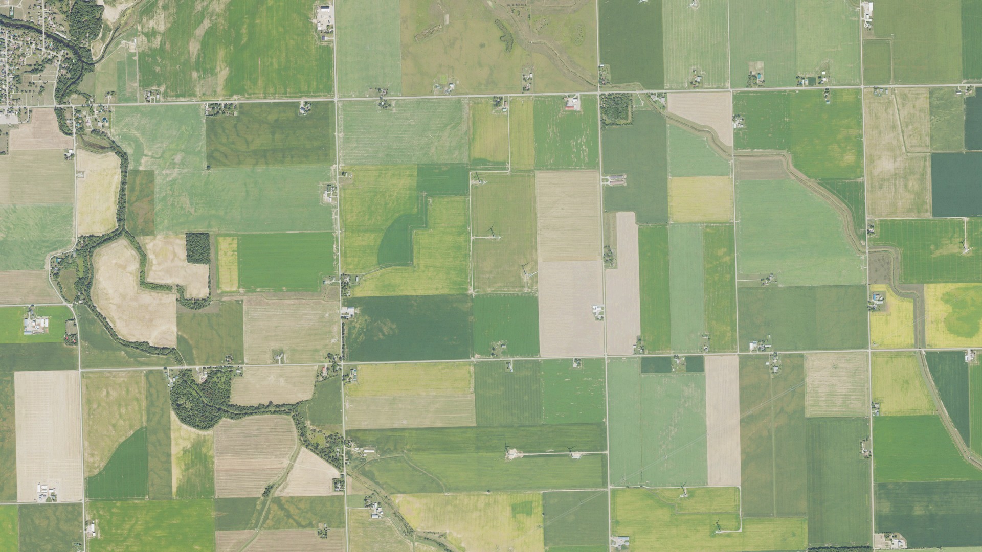 Natural-color aerial photograph of land around Sebewaing, Michigan
