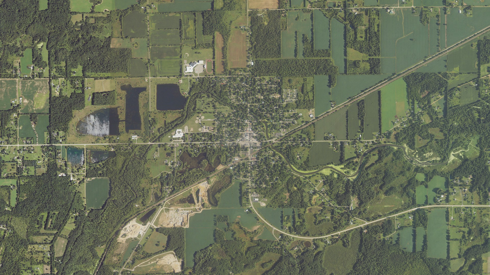 Natural-color aerial photograph of land around Bellevue, Michigan