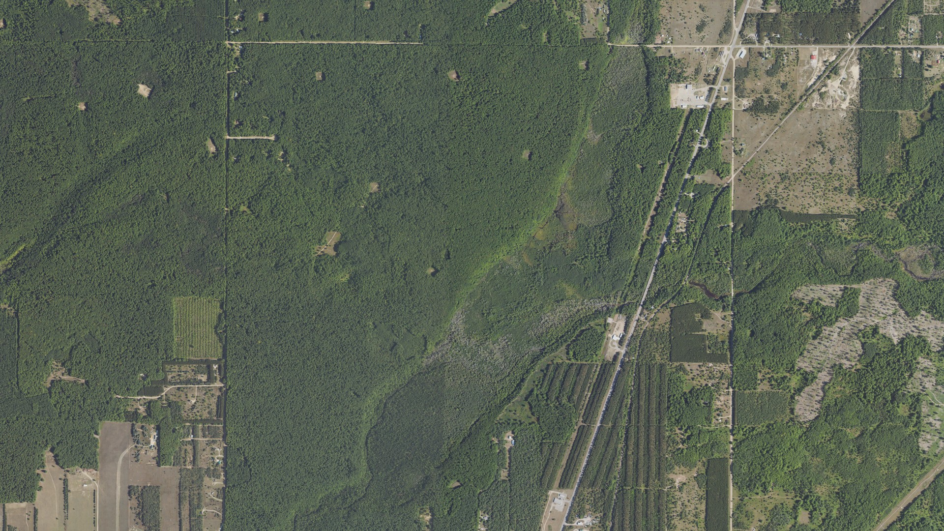 Aerial view of land around Rapid River, Michigan