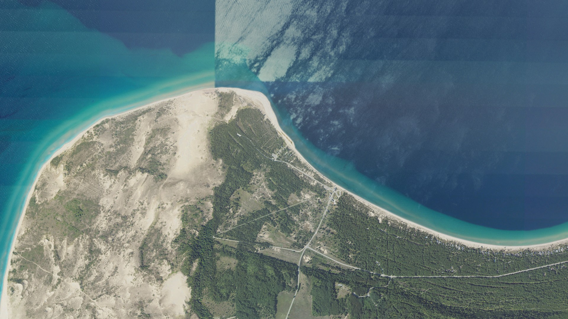 Natural-color aerial photograph of land around Glen Arbor, Michigan