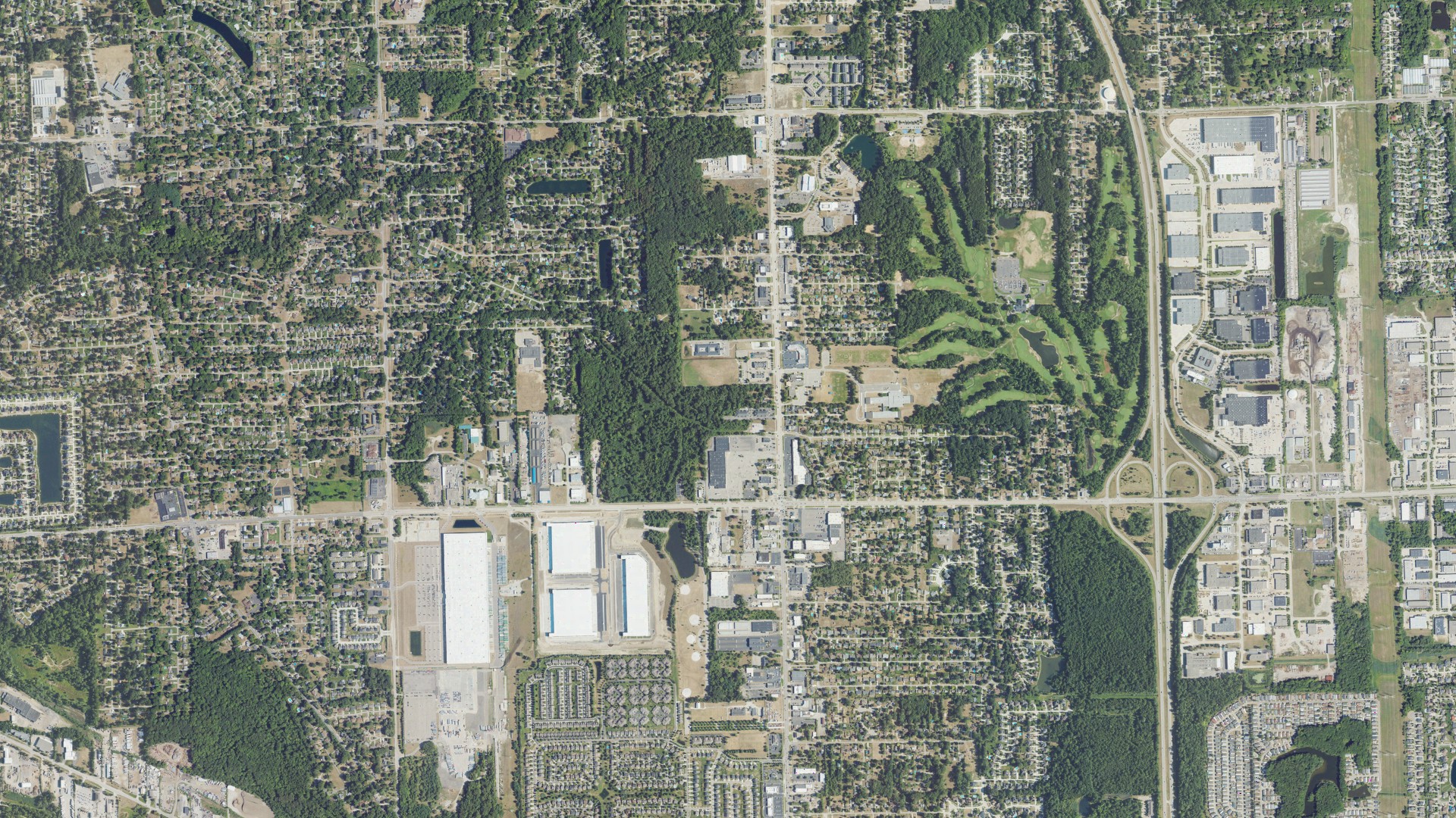 Natural-color aerial photograph of land around Shelby charter, Michigan
