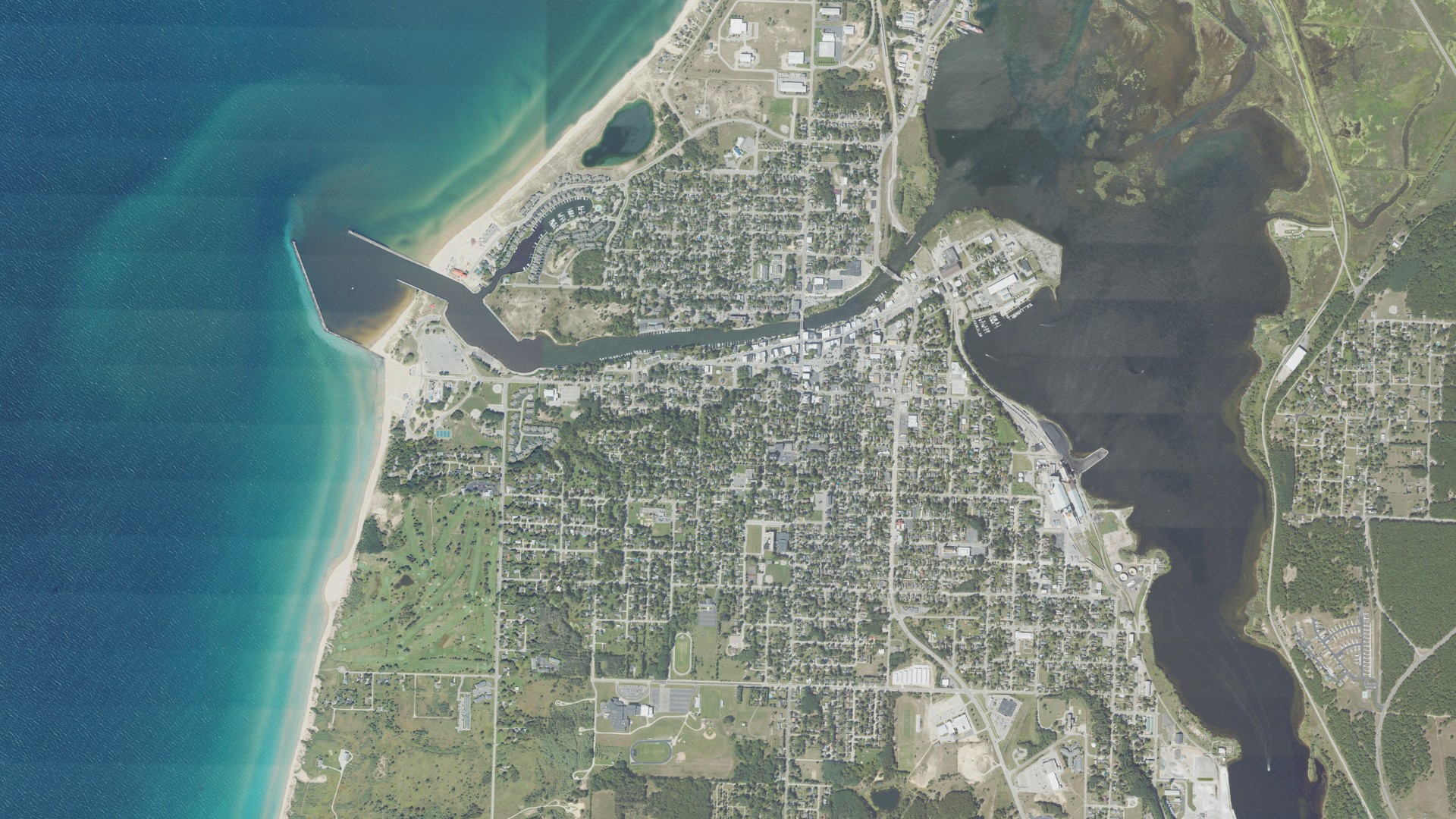 Natural-color aerial photograph of land around Manistee County, Michigan