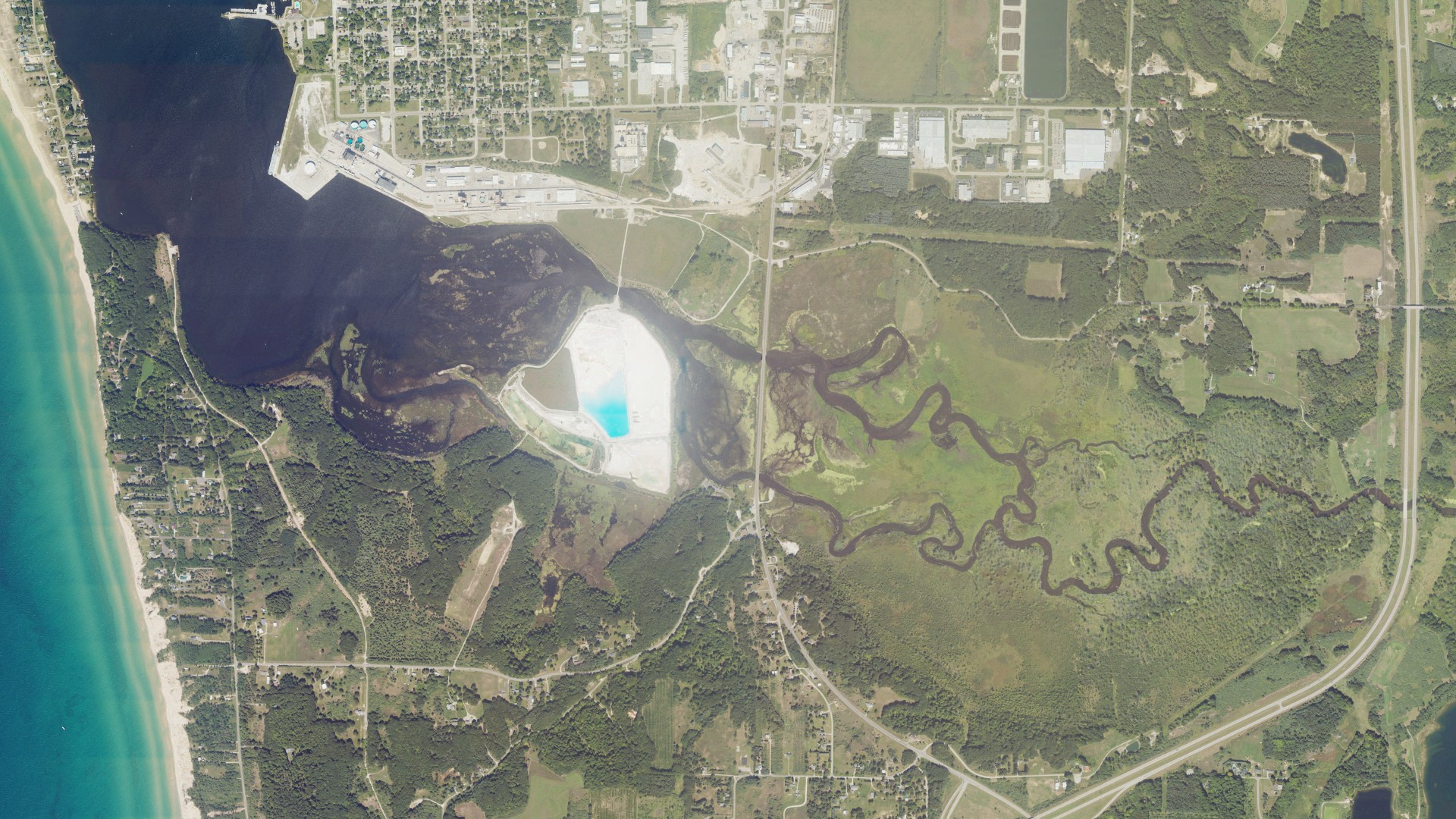 Aerial view of land around Pere Marquette charter, Michigan