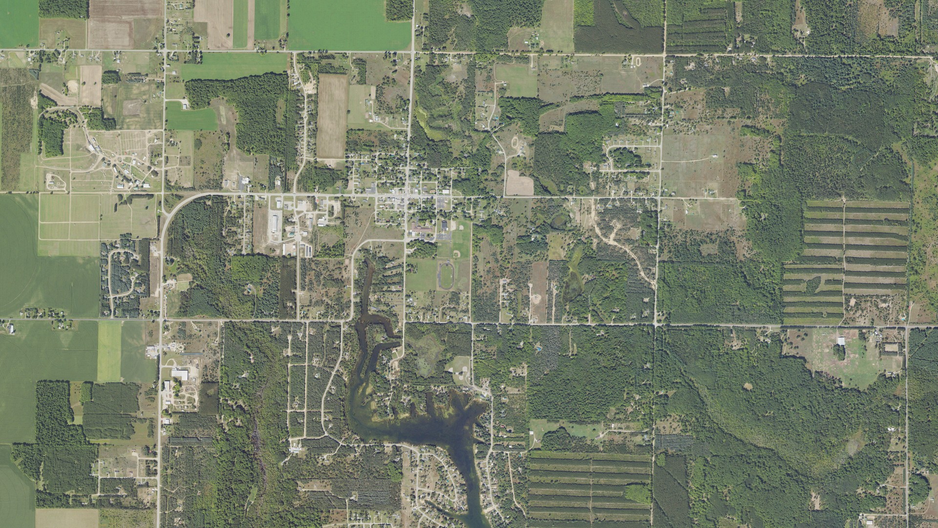 Natural-color aerial photograph of land around Buckley, Michigan