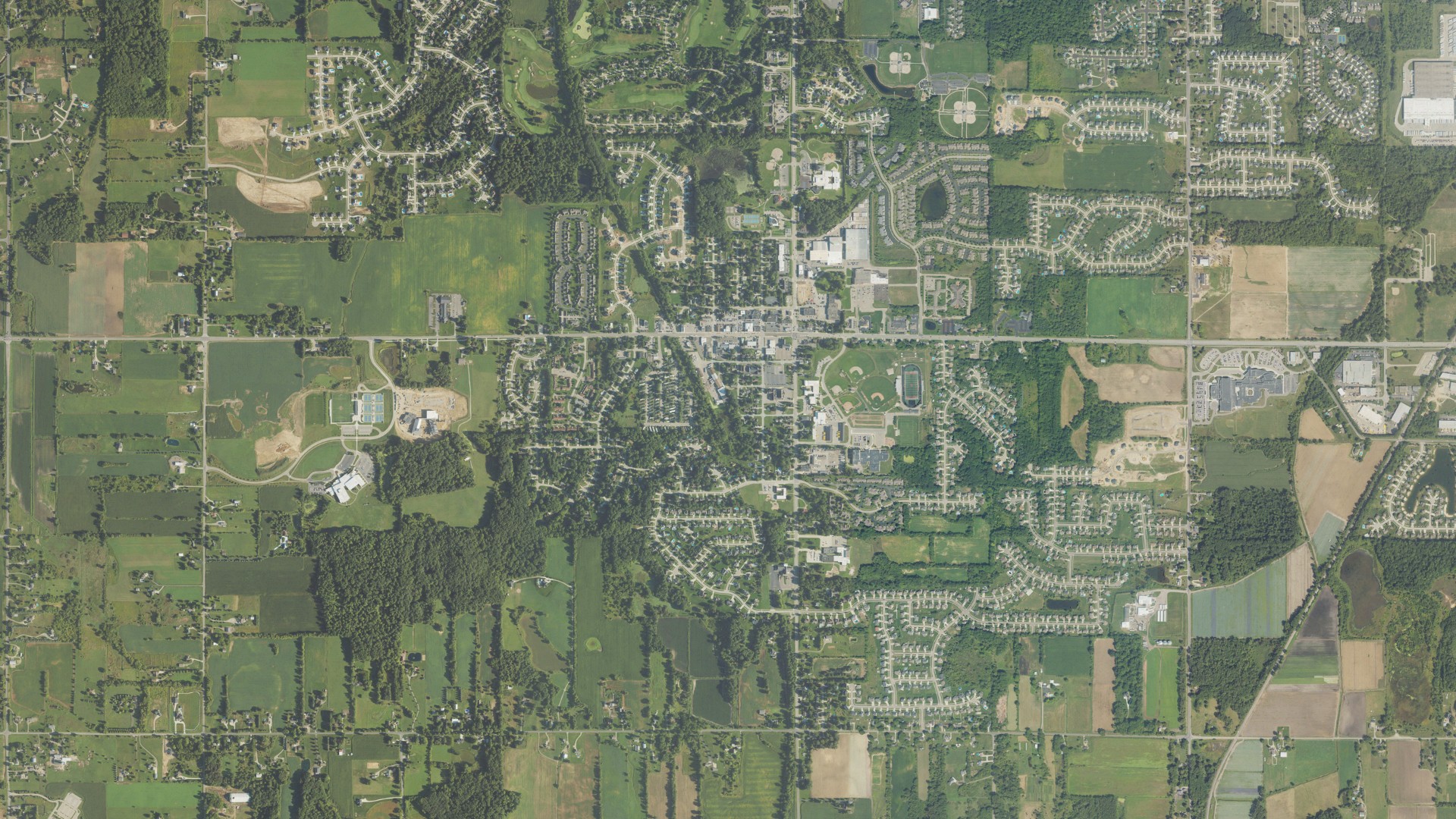 Natural-color aerial photograph of land around Byron Center, Michigan