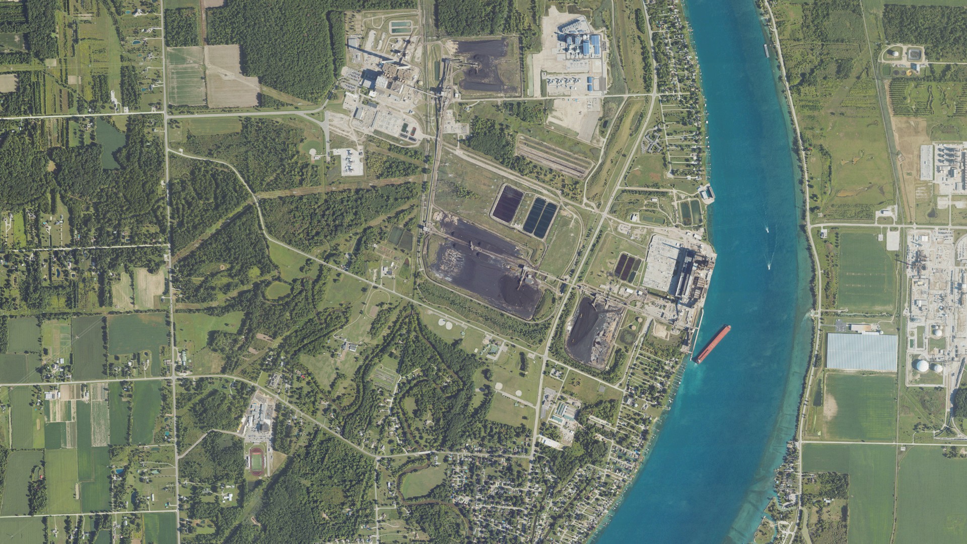 Aerial view of land around East China, Michigan