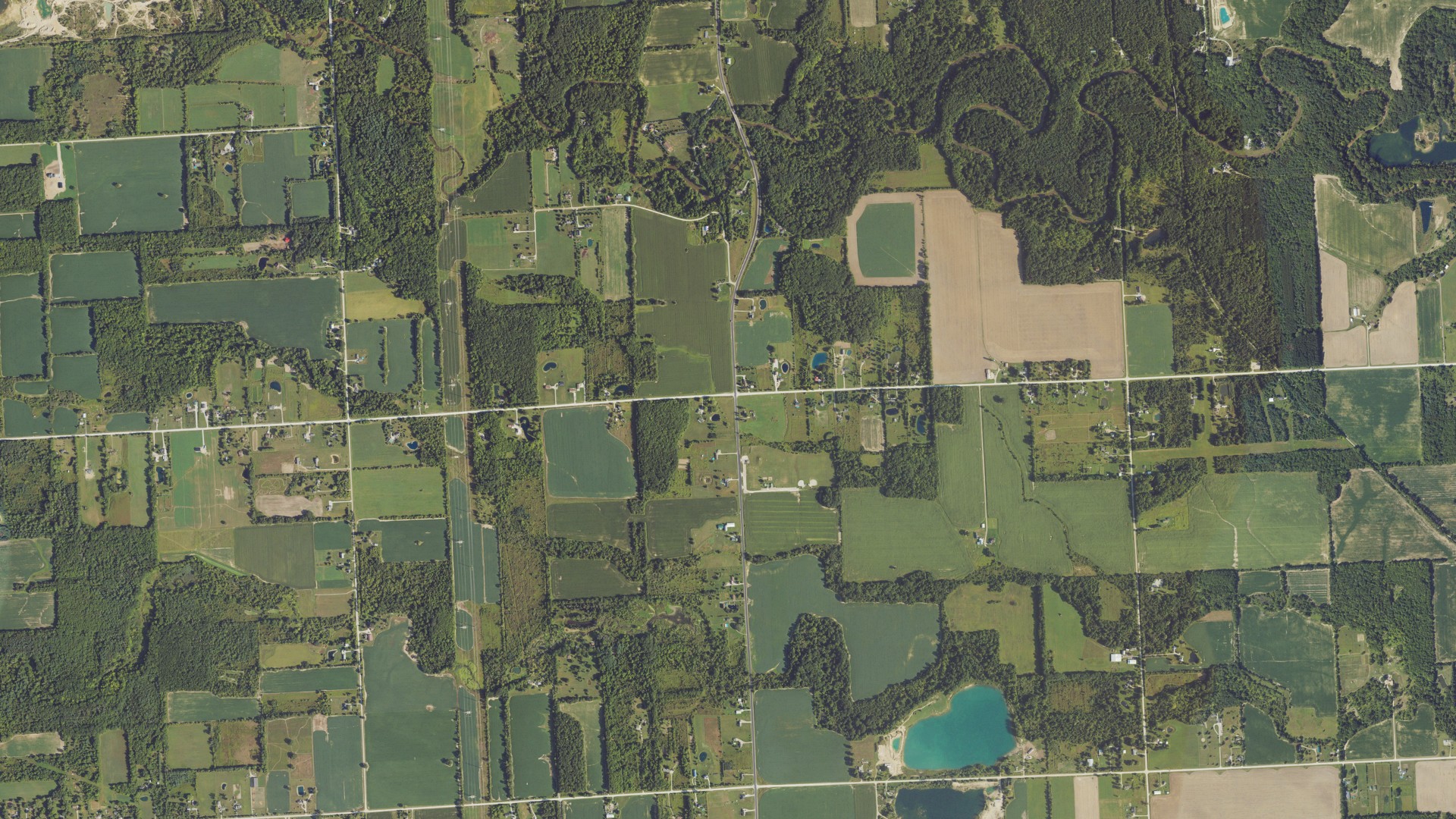 Aerial view of land around Kenockee, Michigan