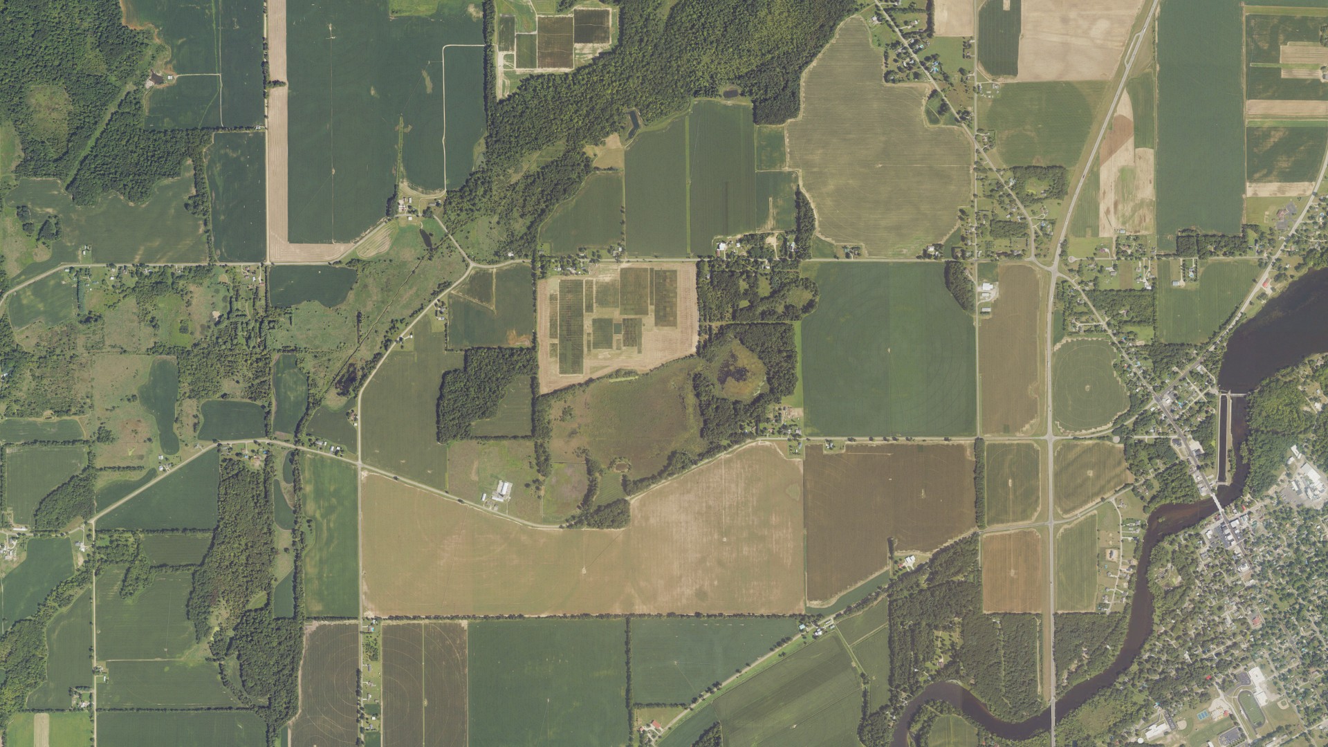 Aerial view of land around Constantine, Michigan