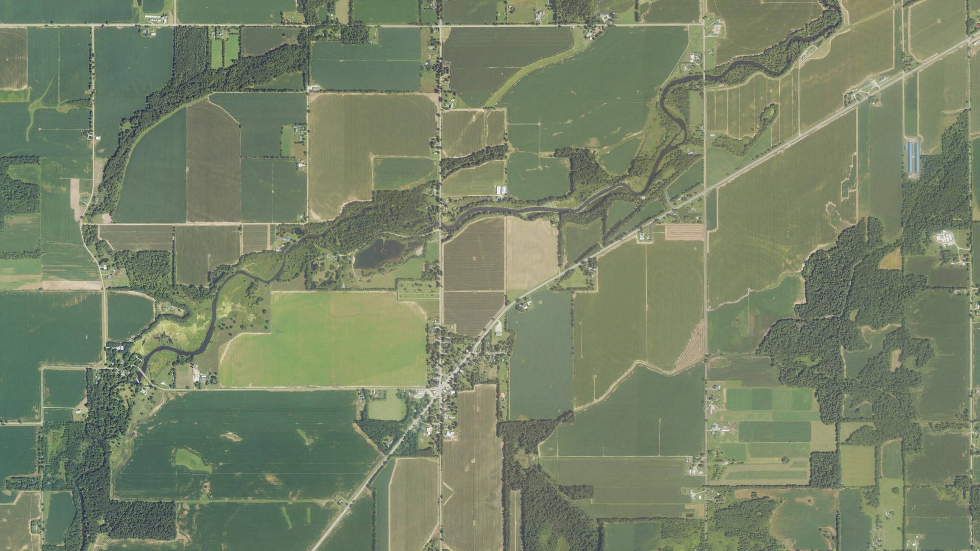 Aerial view of land around Leonidas, Michigan