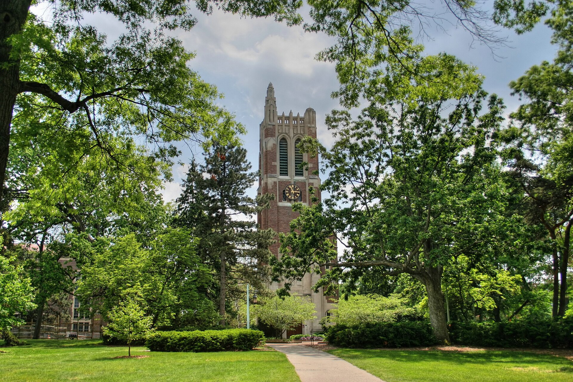 A photograph of the Beaumont Tower located on the Michigan State University campus in East Lansing, Michigan.