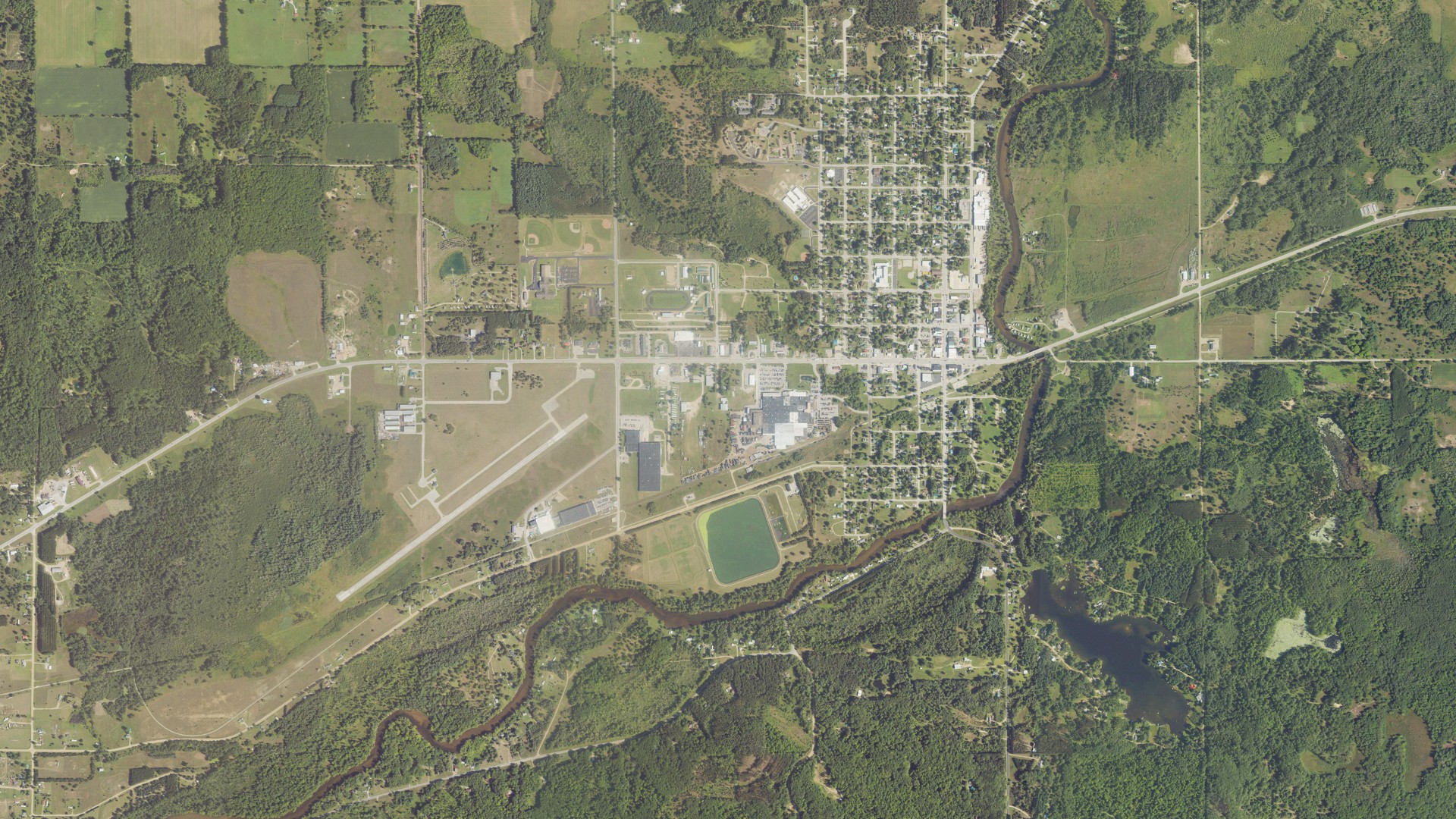 Aerial view of land around Evart, Michigan