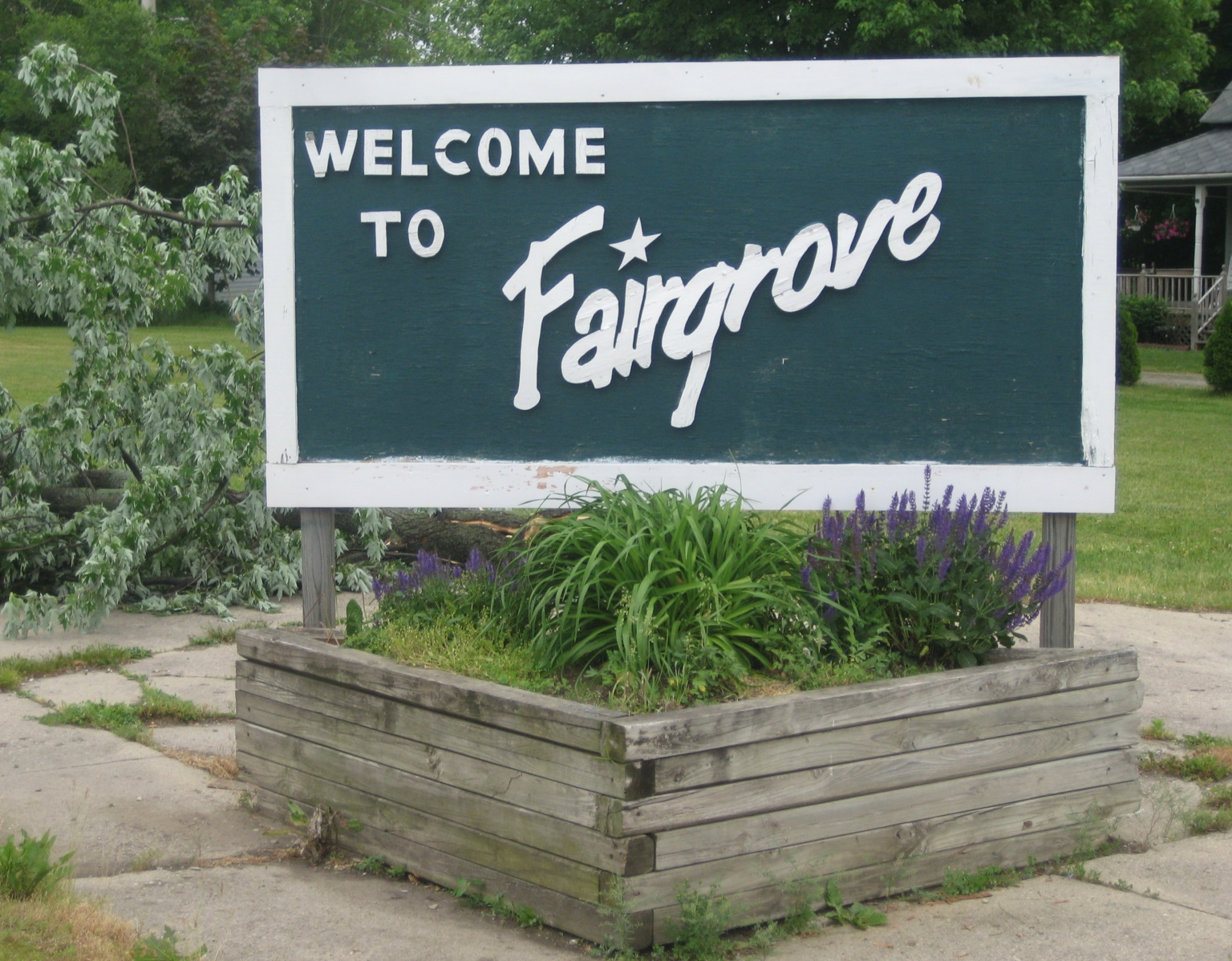 Fairgrove, Michigan, village sign at intersection of Main Street and Fairgrove Road (M-138), facing southeast