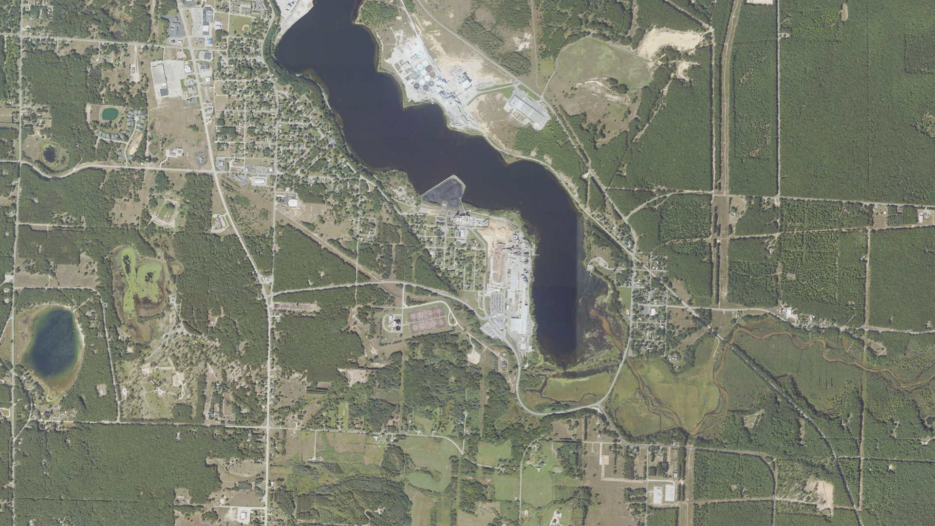 Natural-color aerial photograph of land around Filer City, Michigan