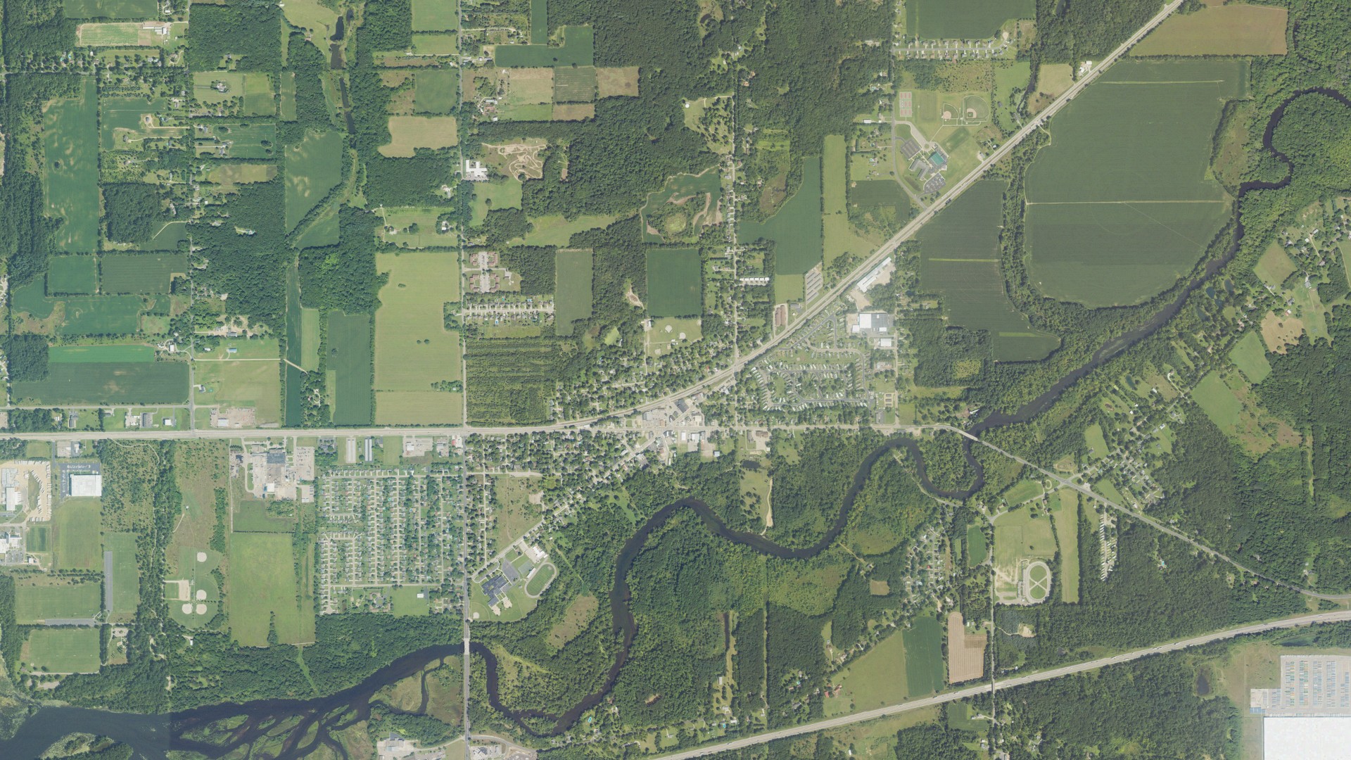 Natural-color aerial photograph of land around Galesburg, Michigan
