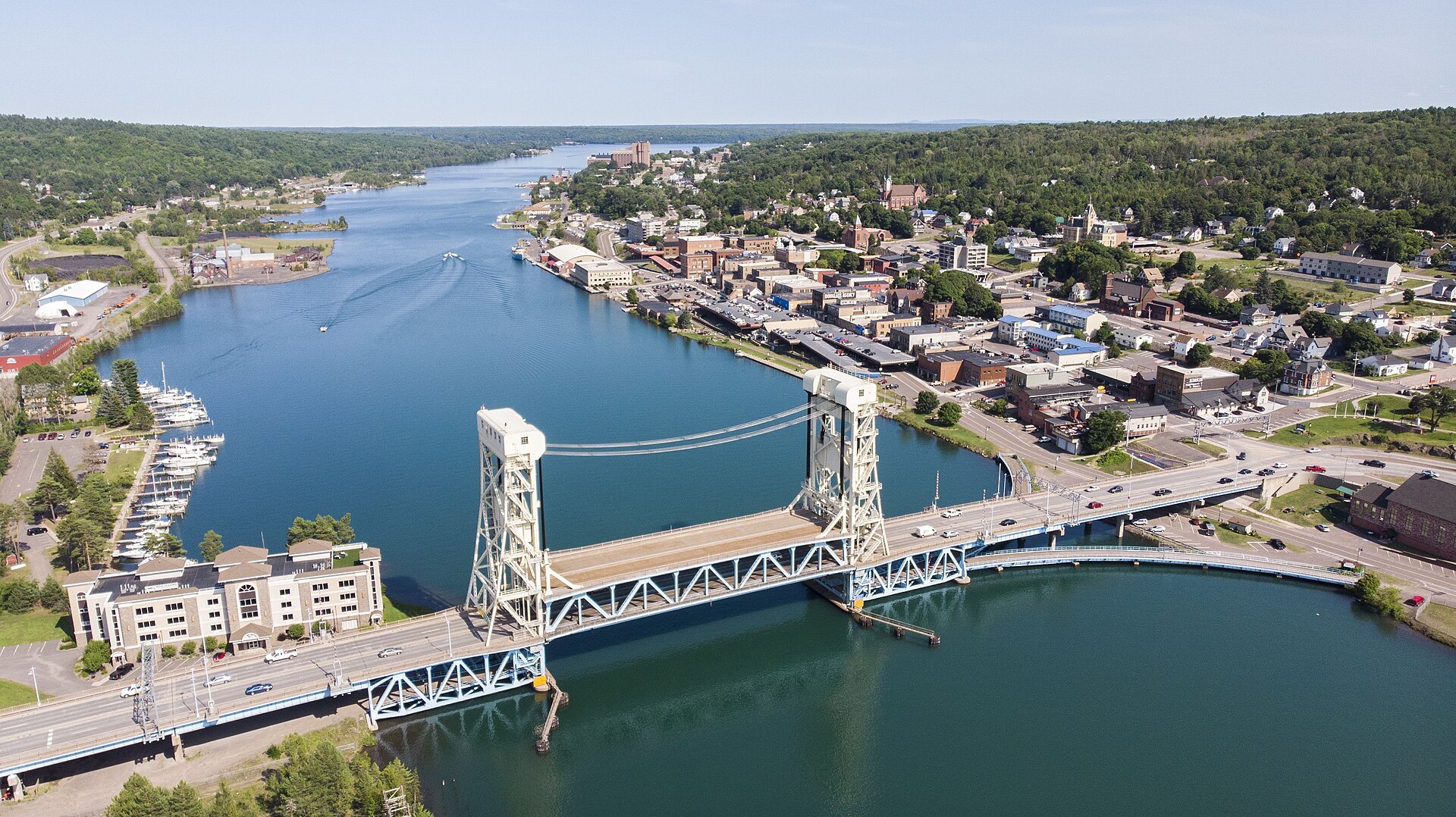 Summer 2019 aerial photo of Portage Lake Lift Bridge — Houghton, Michigan