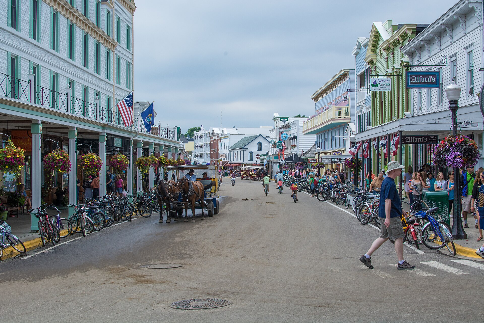Mackinac Island's main town, looking west. Transportation on the island is by horse, bike, or foot. — Michigan