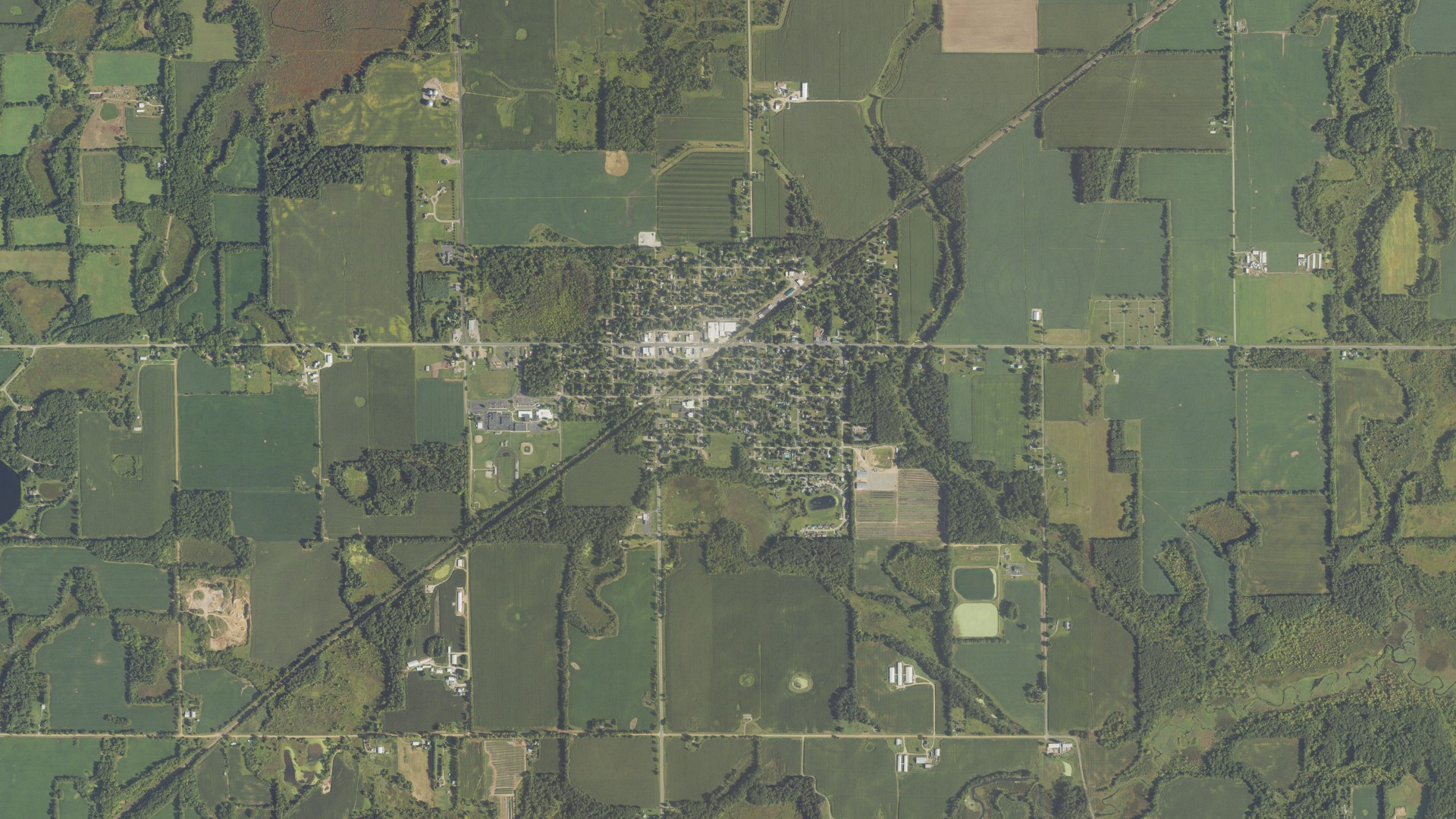 Natural-color aerial photograph of land around Marcellus, Michigan