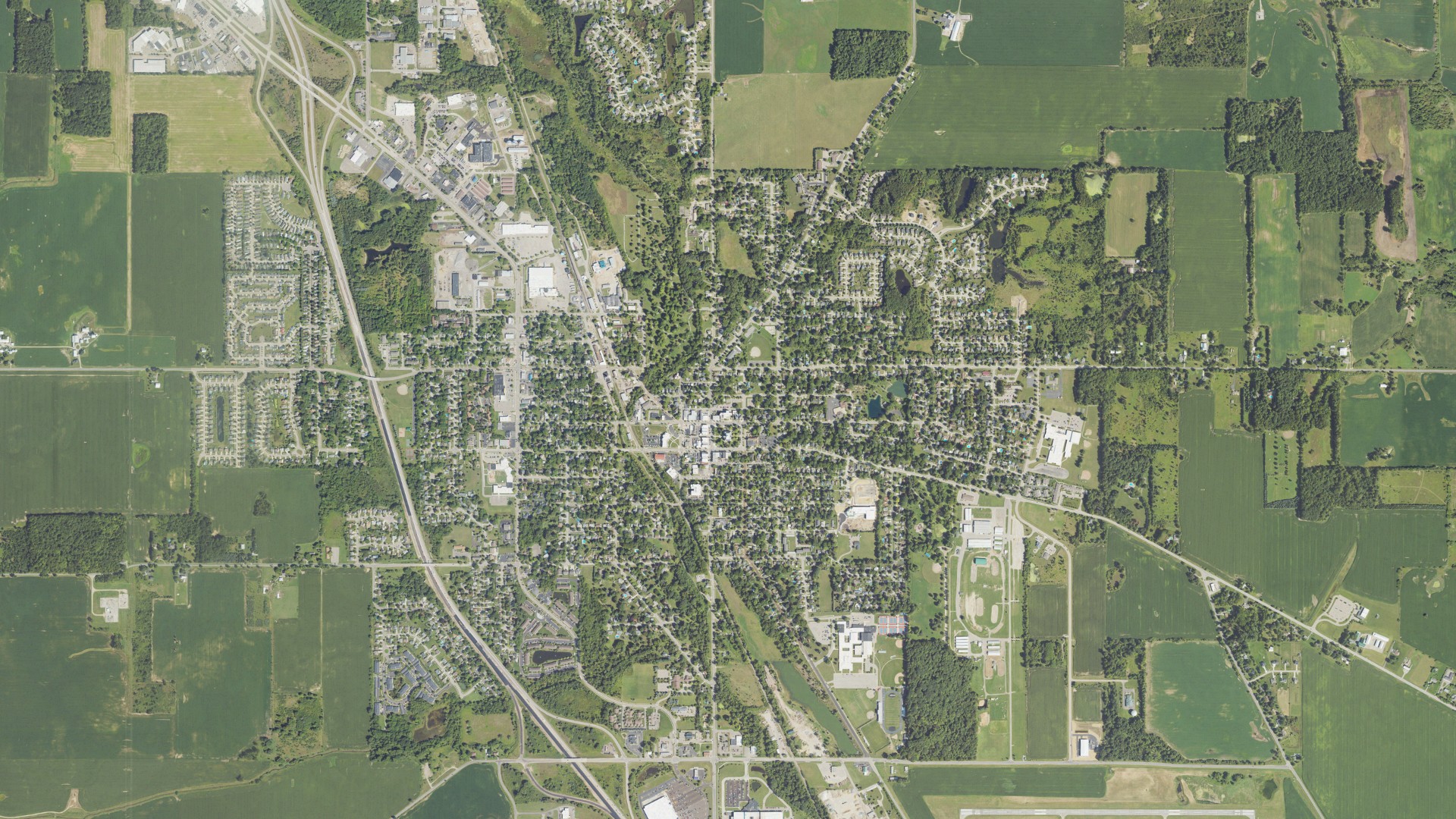 Natural-color aerial photograph of land around Mason, Michigan
