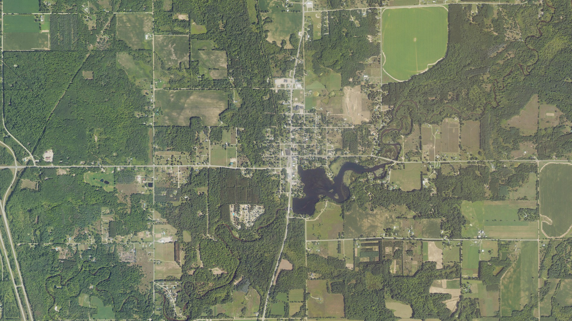 Natural-color aerial photograph of land around Morley, Michigan