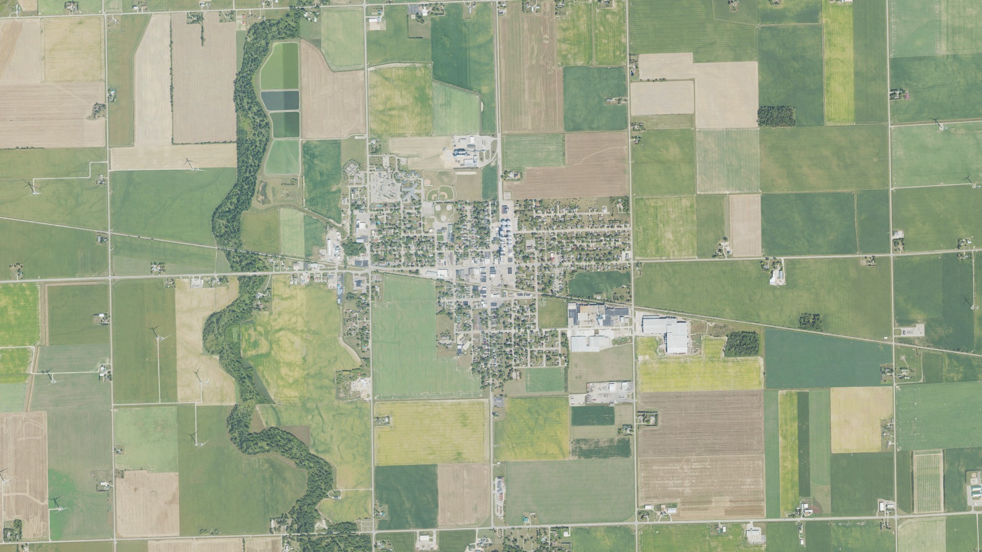 Natural-color aerial photograph of land around Pigeon, Michigan