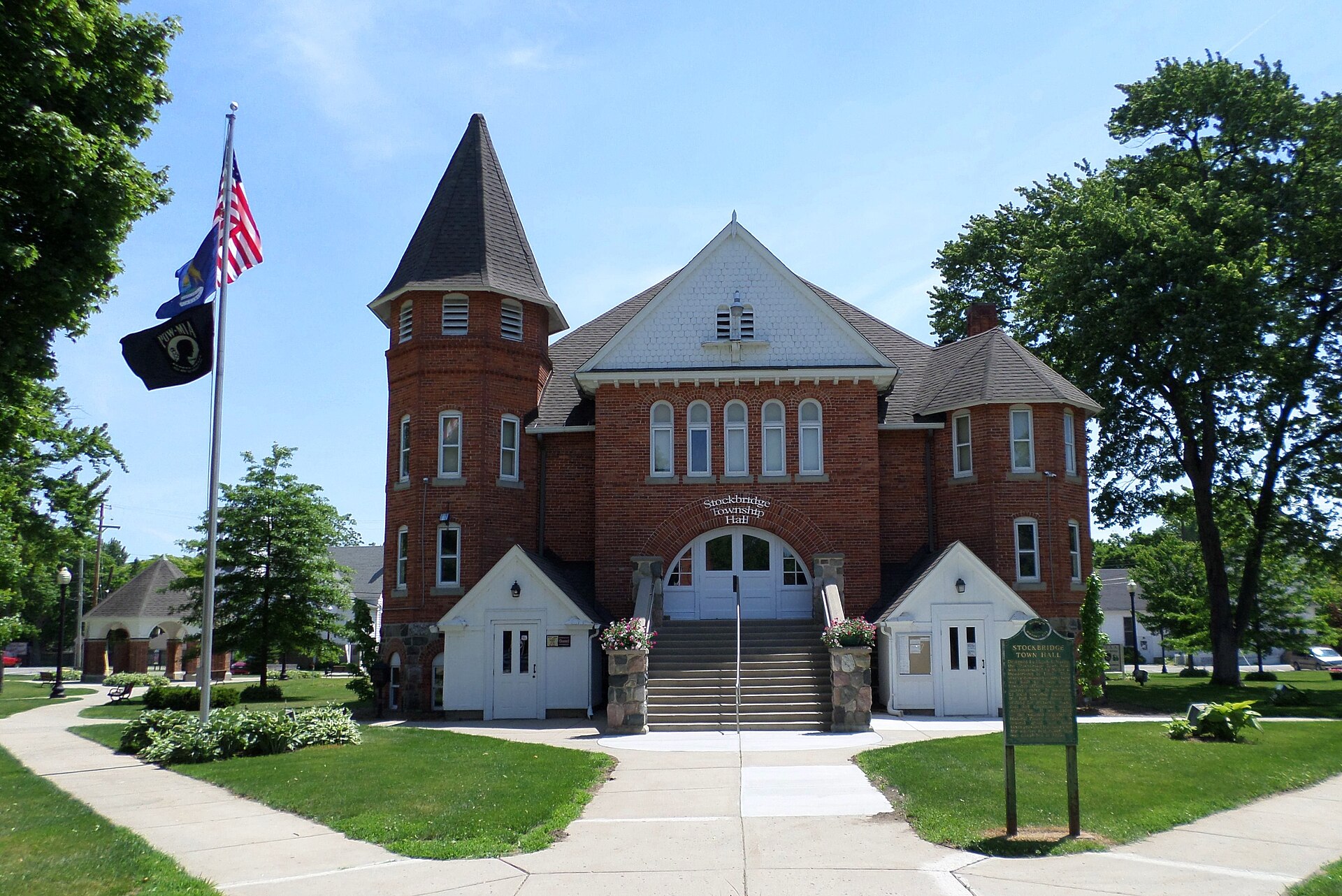 The Stockbridge Township Hall, located at 125 S Clinton St, Stockbridge, MI. The building is listed as a Michigan State Historic Site.