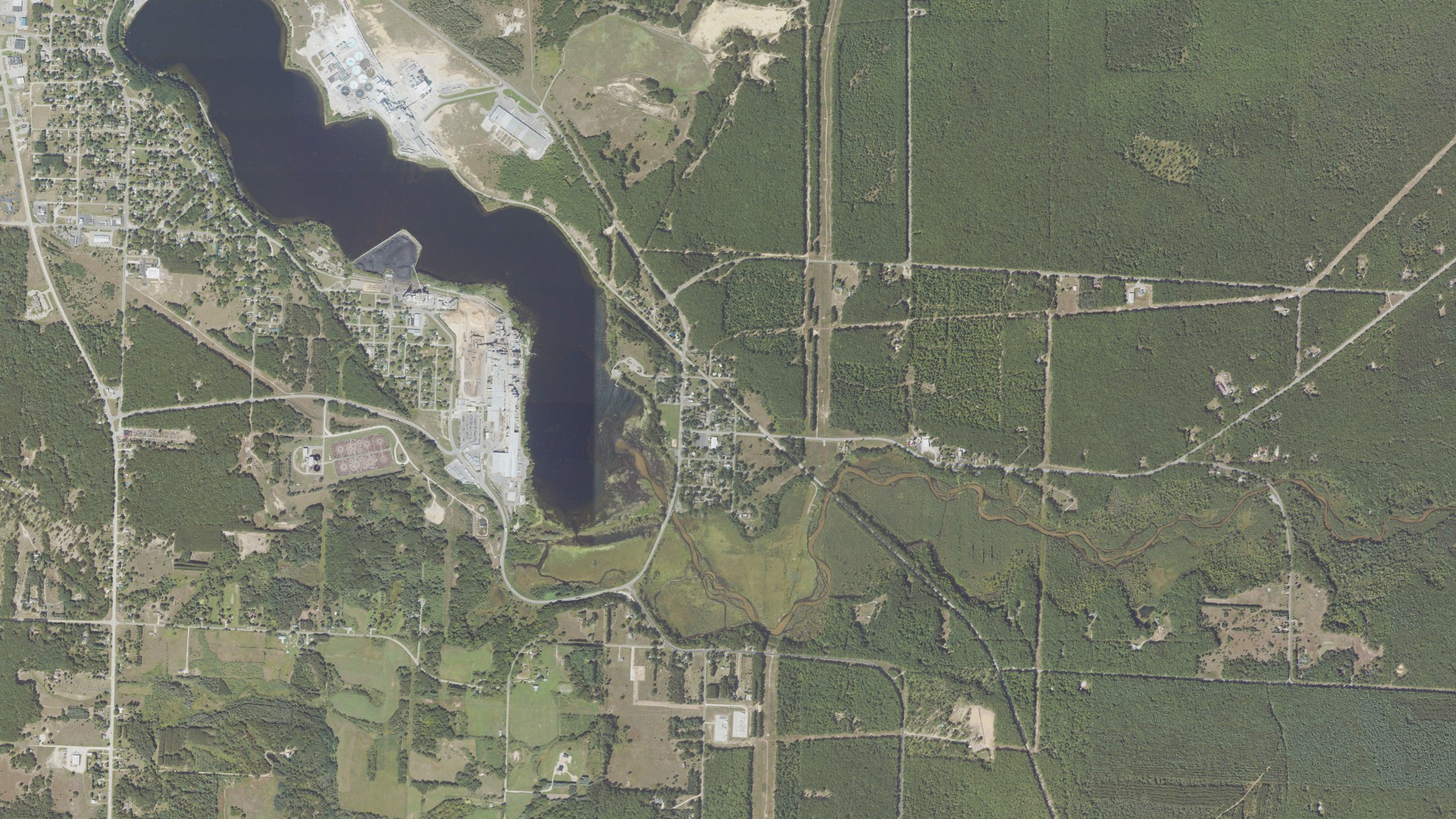 Aerial view of land around Stronach, Michigan