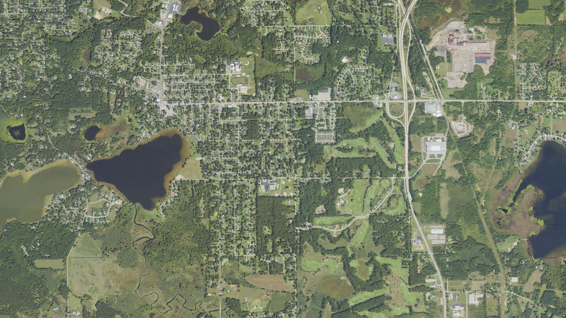 Natural-color aerial photograph of land around Vandercook Lake, Michigan
