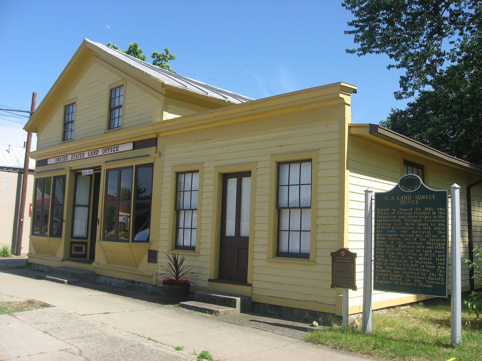 Front and western side of the Old US Government Land Office Building, located at 113 W. — White Pigeon, Michigan