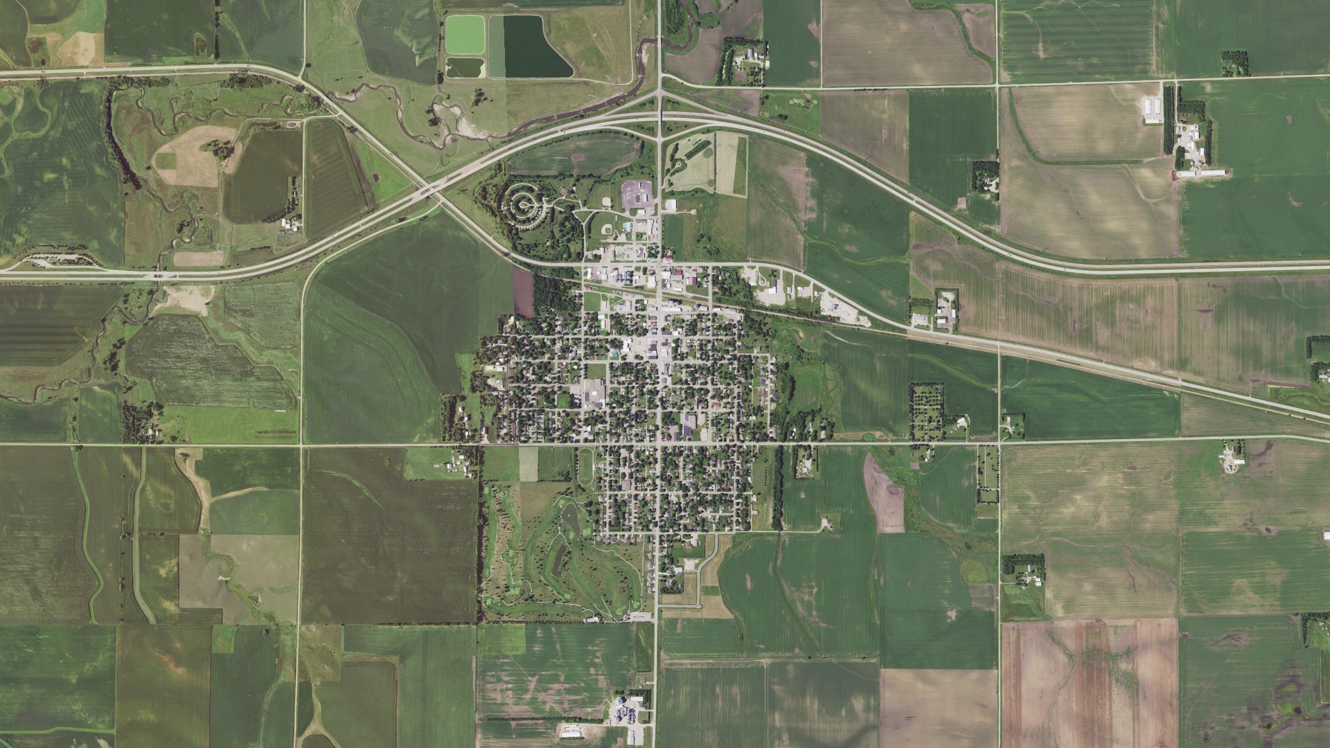 Aerial view of land around Adrian, Minnesota