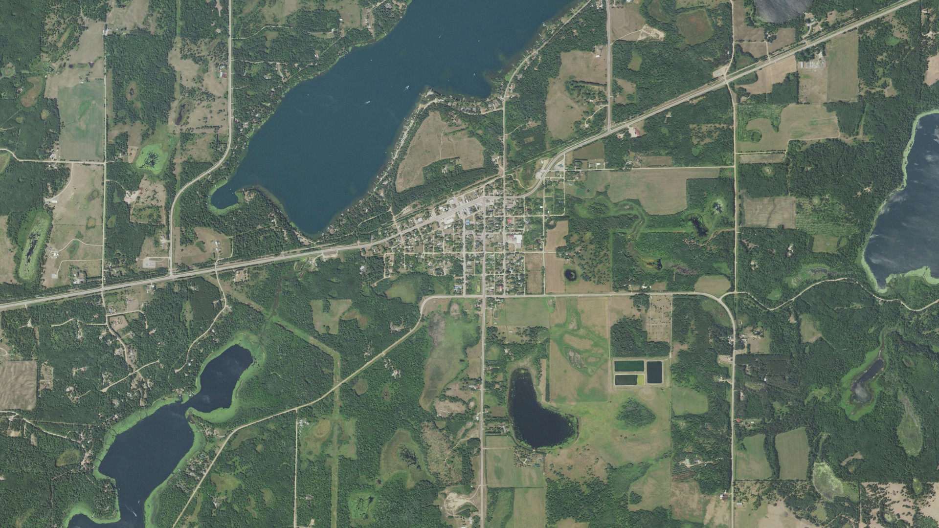 Natural-color aerial photograph of land around Akeley, Minnesota