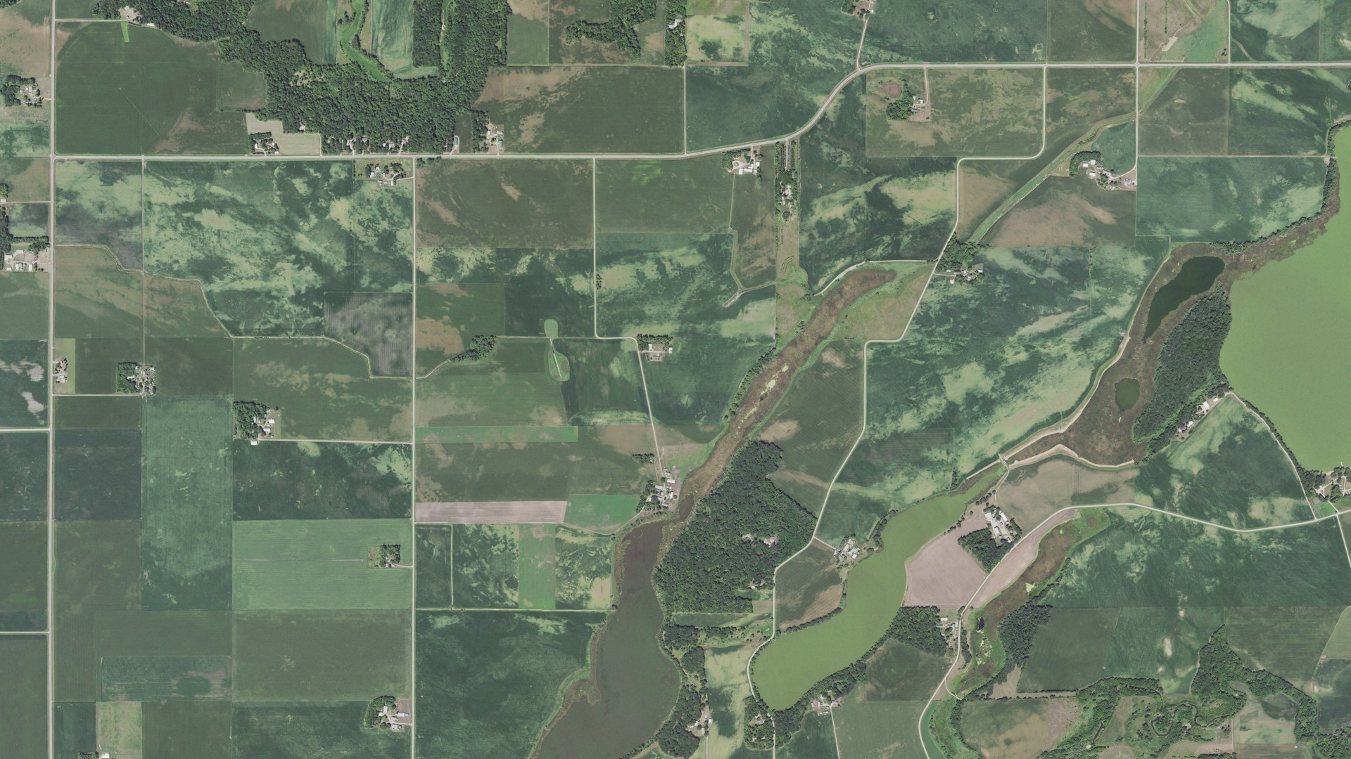 Aerial view of land around Sigel, Minnesota
