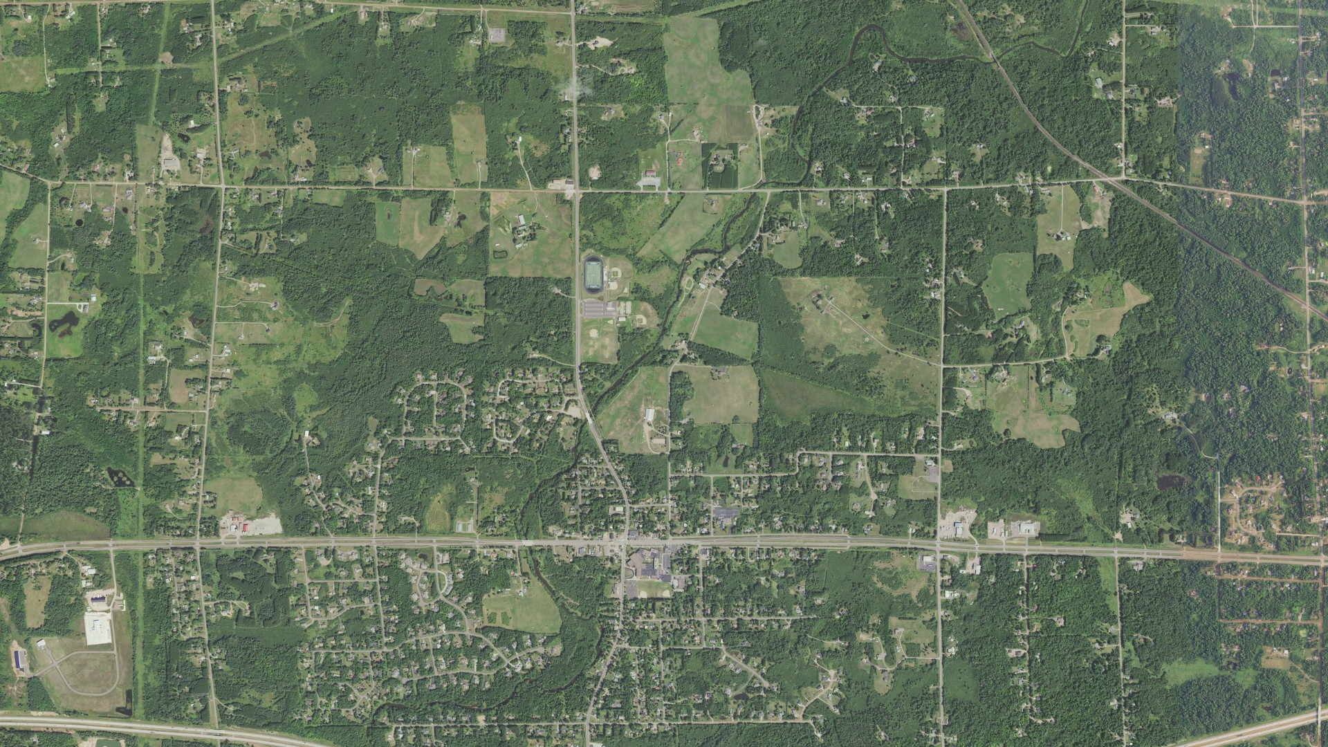 Aerial view of land around Thomson, Minnesota