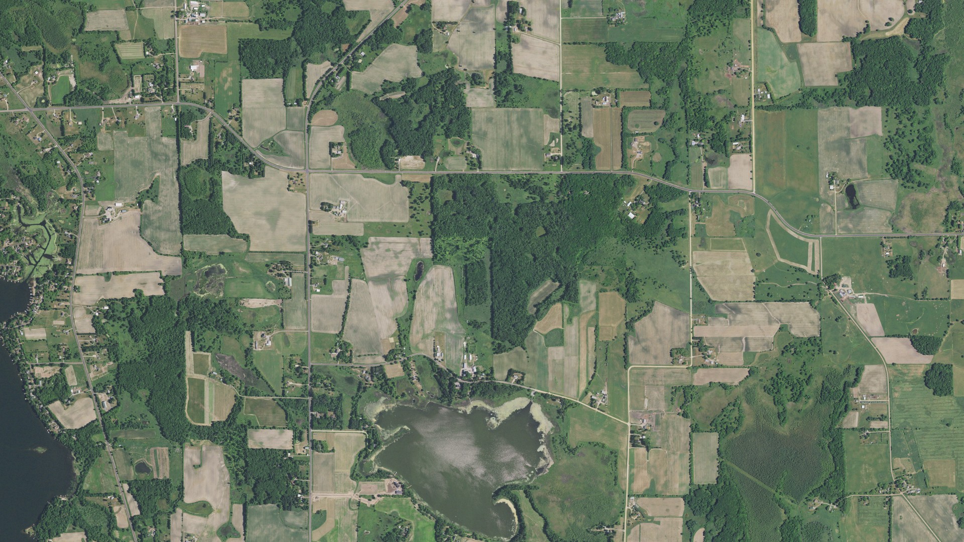 Natural-color aerial photograph of land around Chisago Lake, Minnesota